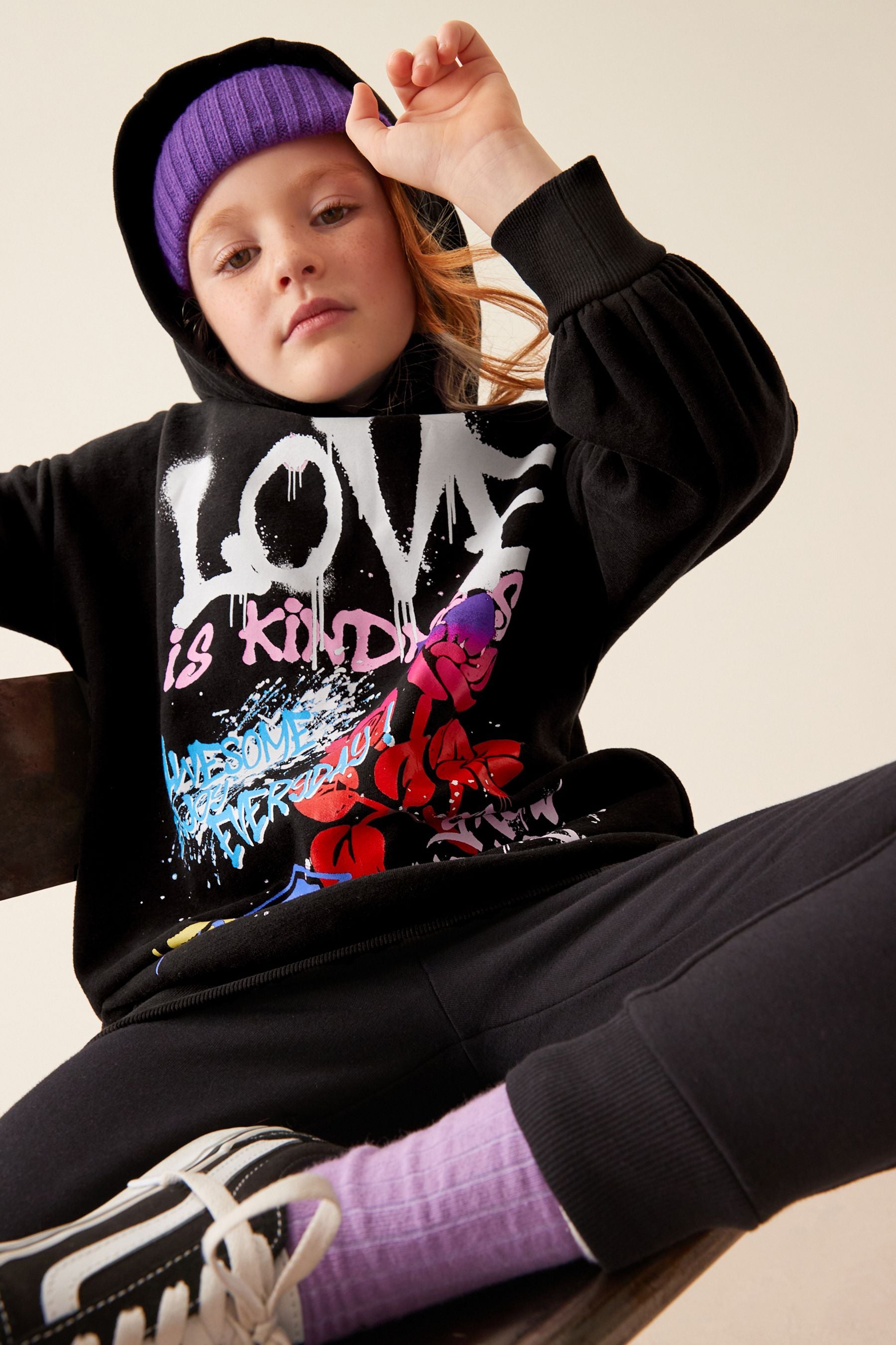 Black Graffiti Printed Longline Hoodie (3-16yrs)