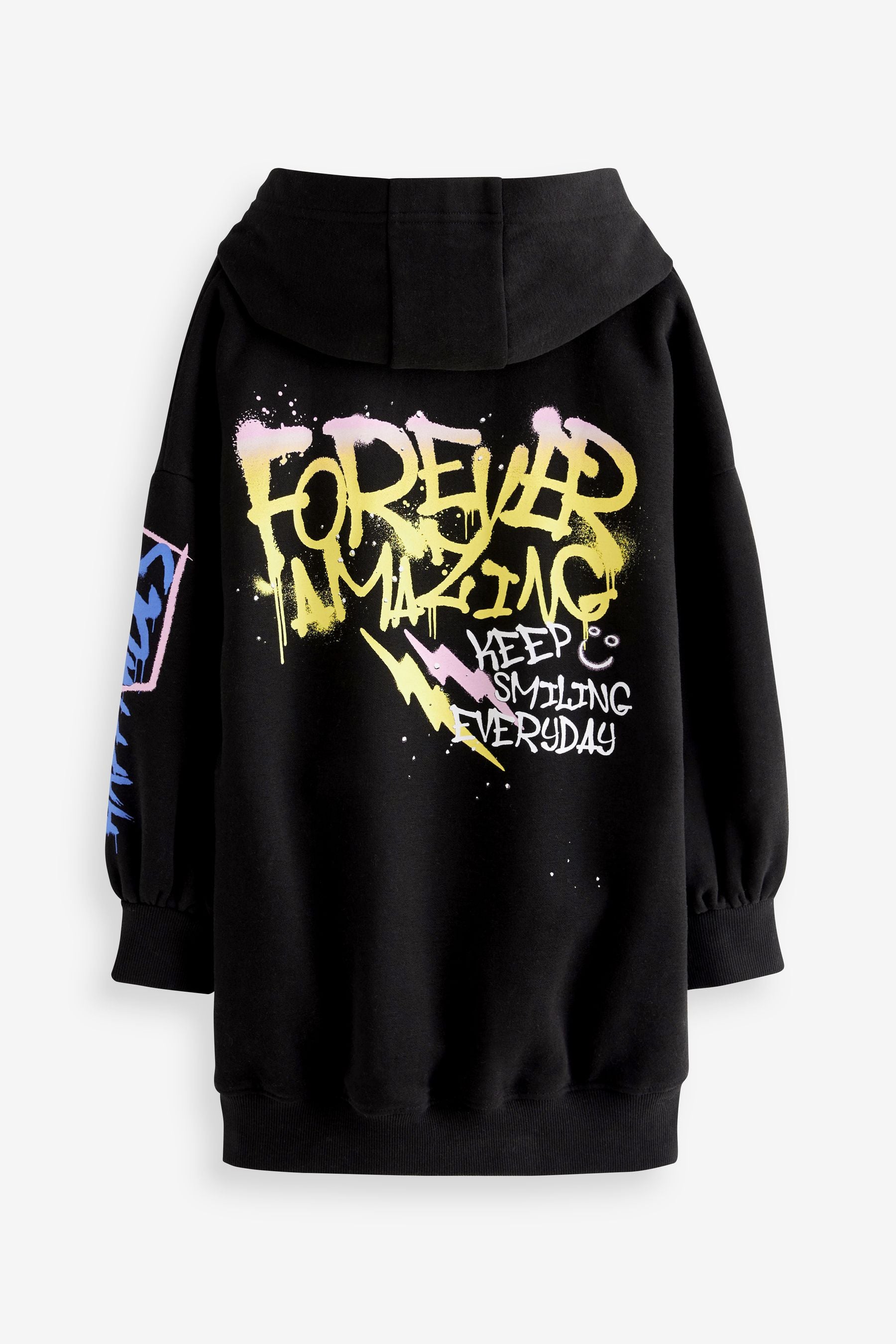 Black Graffiti Printed Longline Hoodie (3-16yrs)