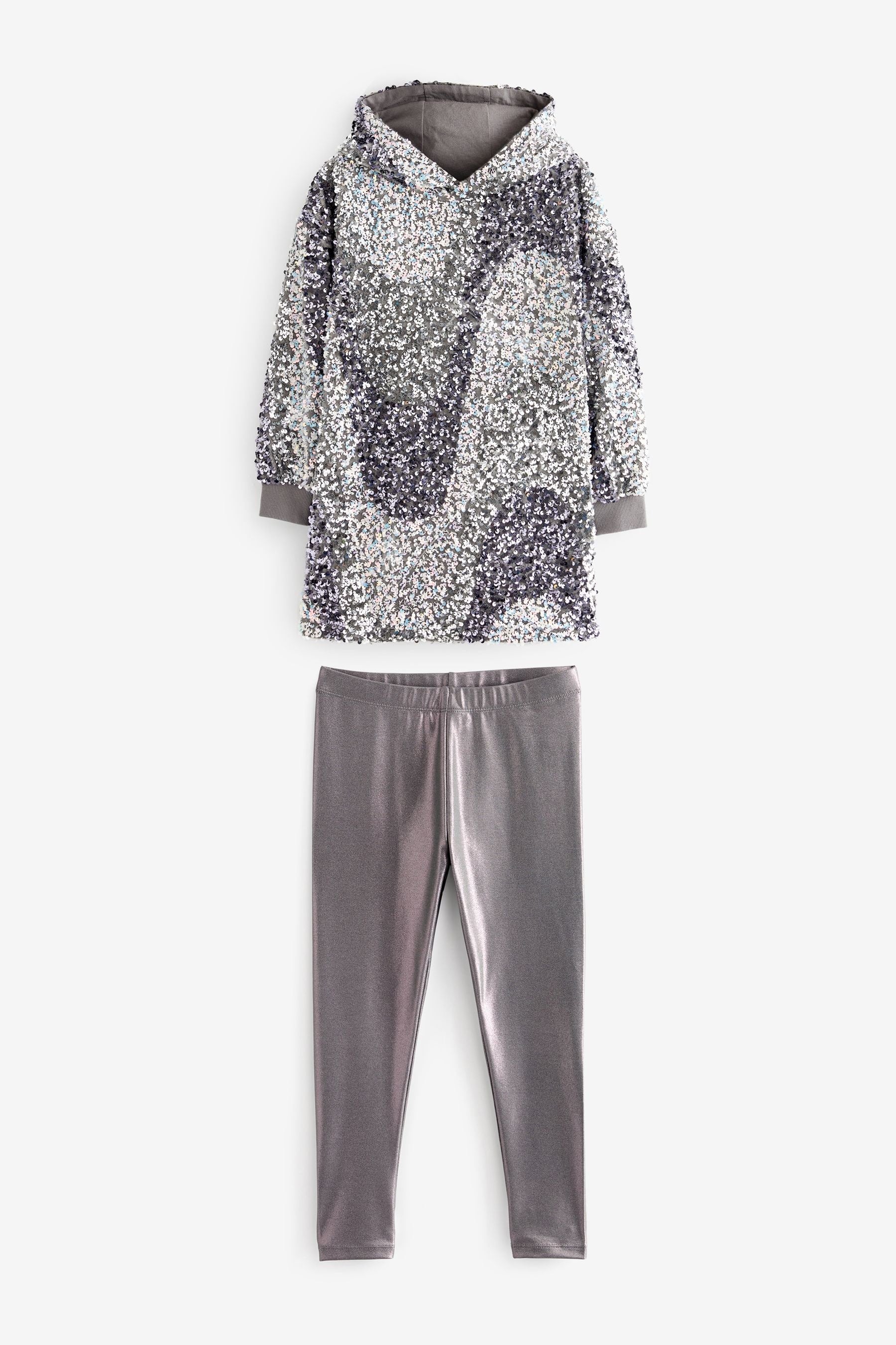 Silver Sequin Longline Hoodie And Leggings Set (3-16yrs)