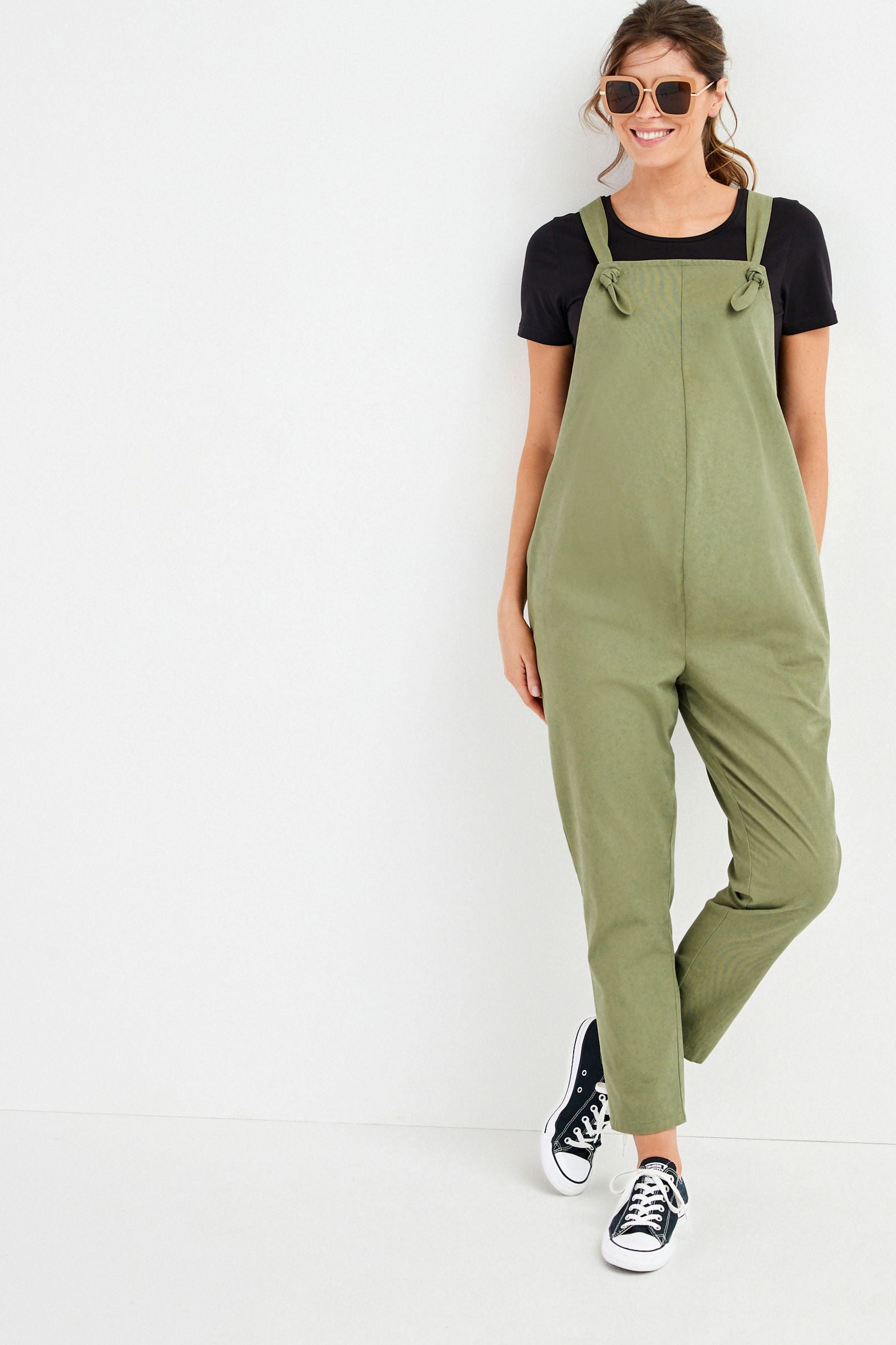 Khaki Green Maternity Adjustable Strap Cotton Relaxed Jumpsuit