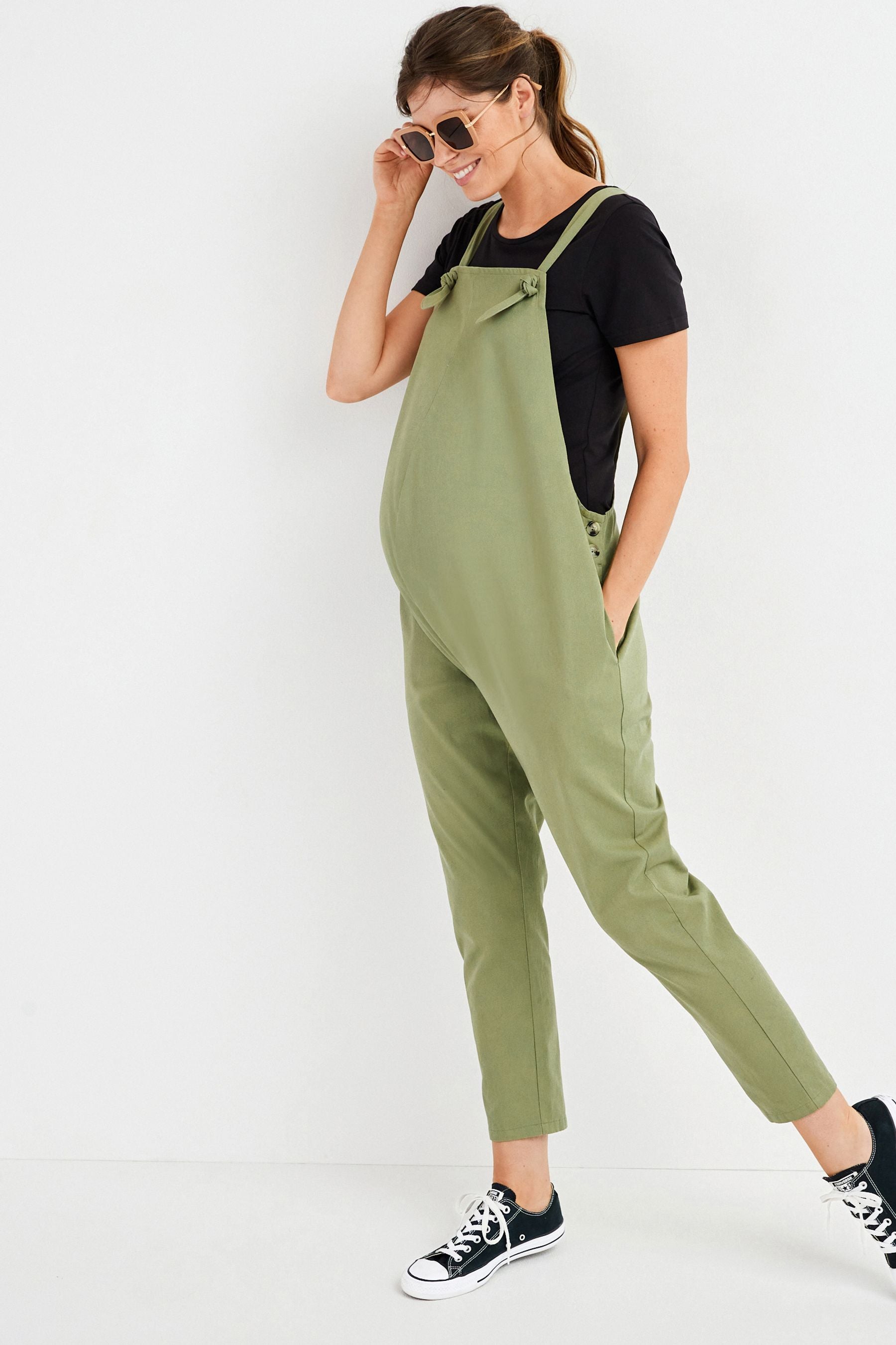 Khaki Green Maternity Adjustable Strap Cotton Relaxed Jumpsuit