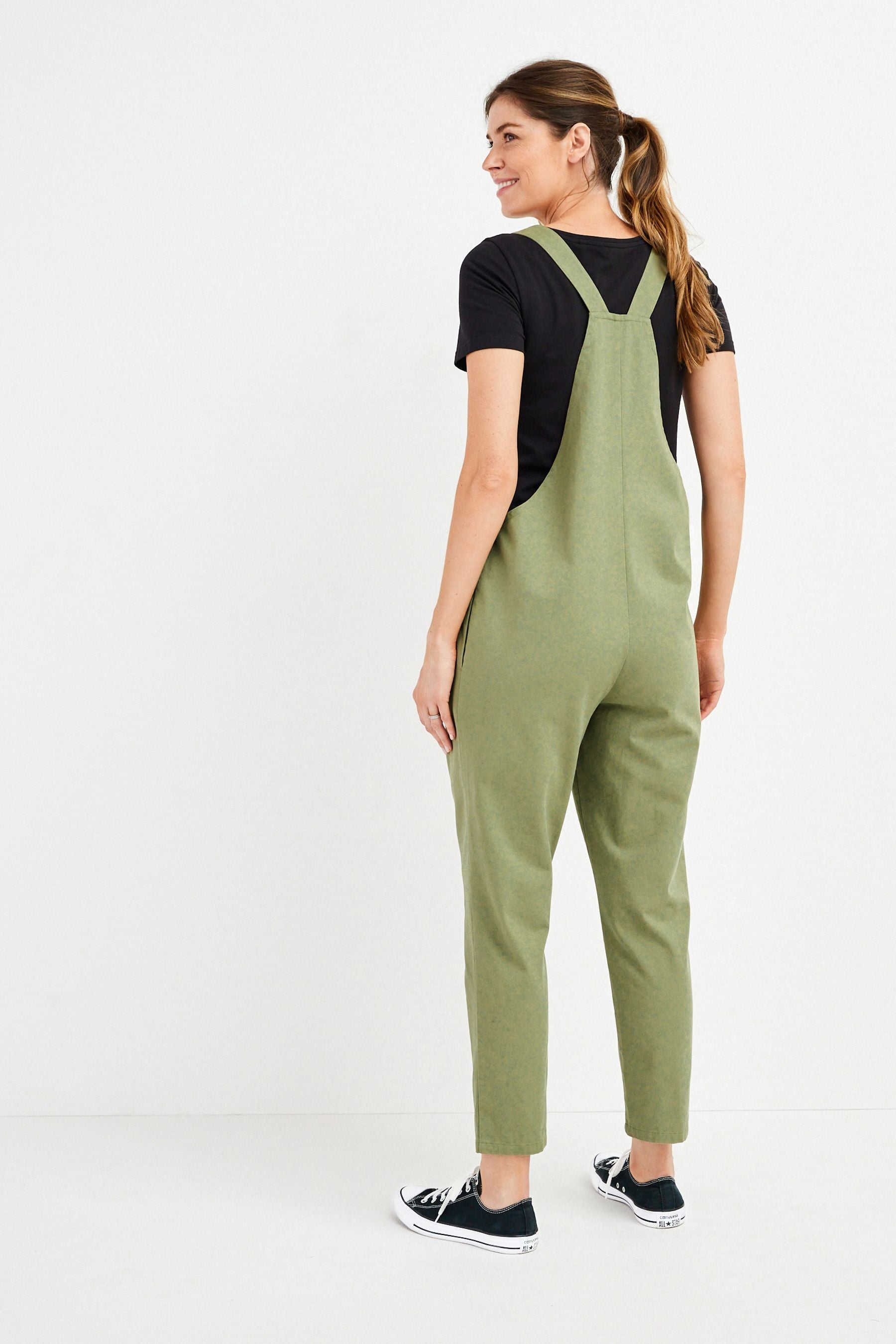 Khaki Green Maternity Adjustable Strap Cotton Relaxed Jumpsuit