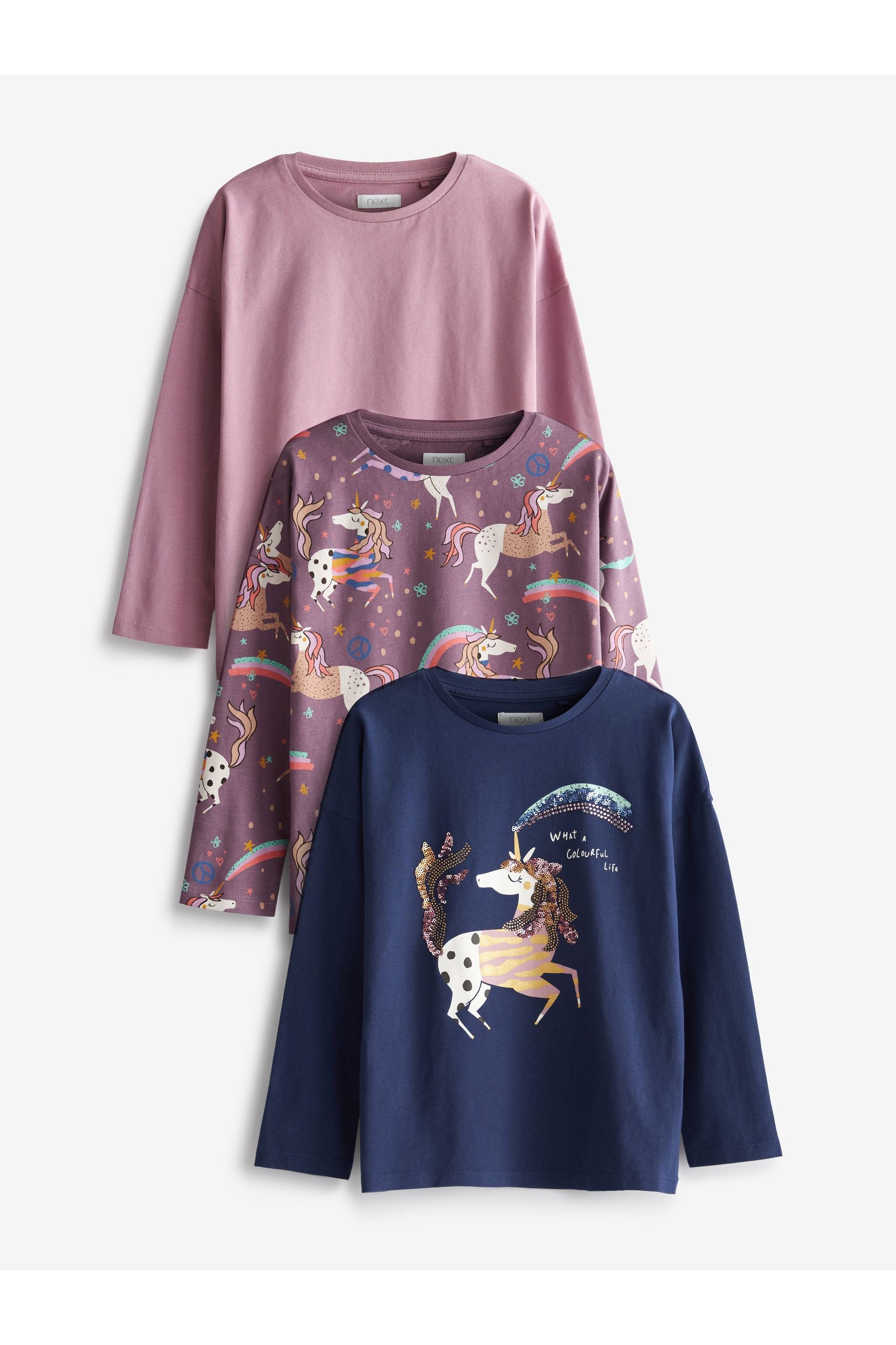 Navy Blue/Pink/Purple 3 Pack Sequin Unicorn Long Sleeve T-Shirts (3-16yrs)