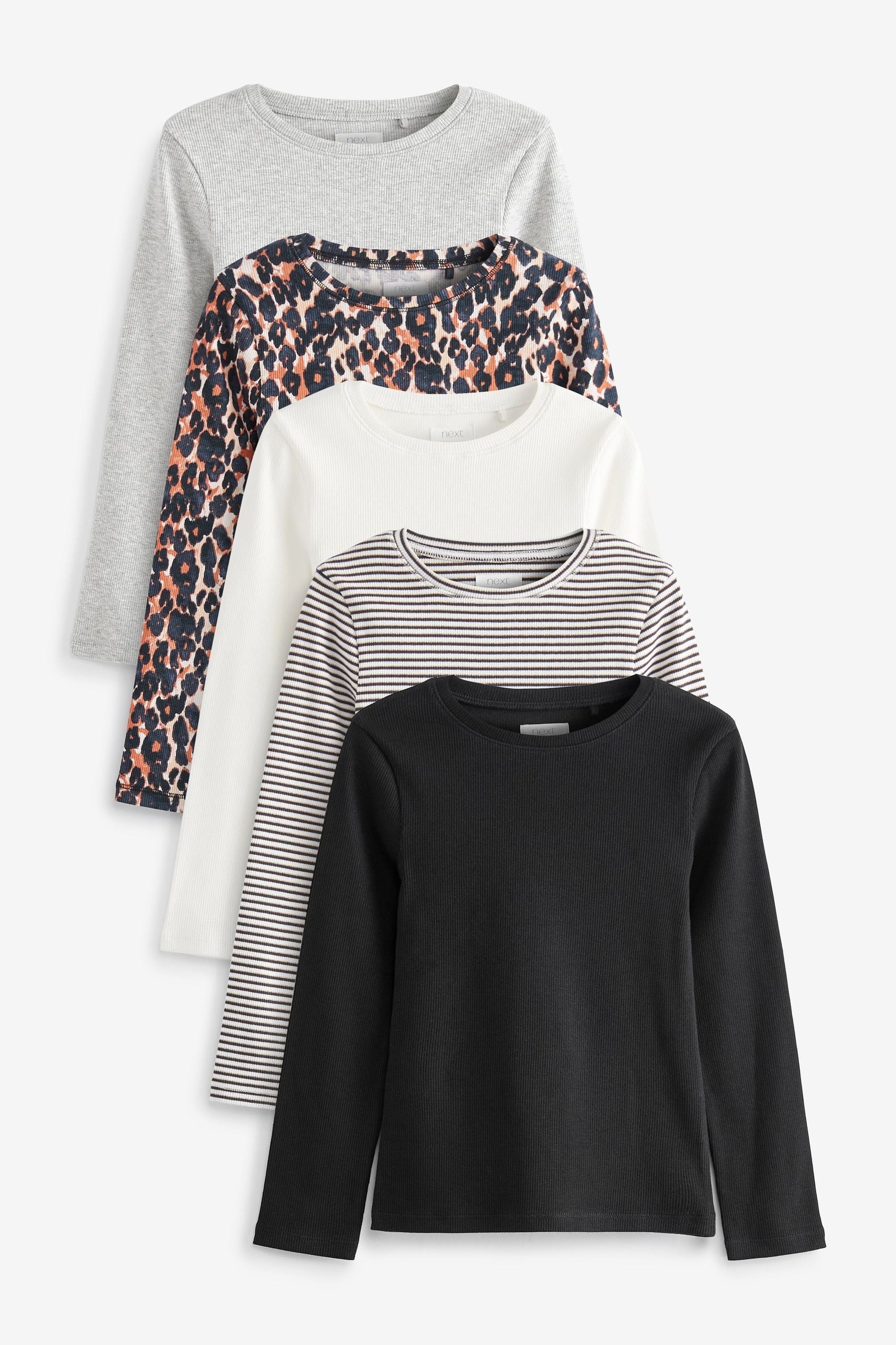 Black/Animal/White/Stripe 5 Pack Ribbed Long Sleeve Tops (3-16yrs)