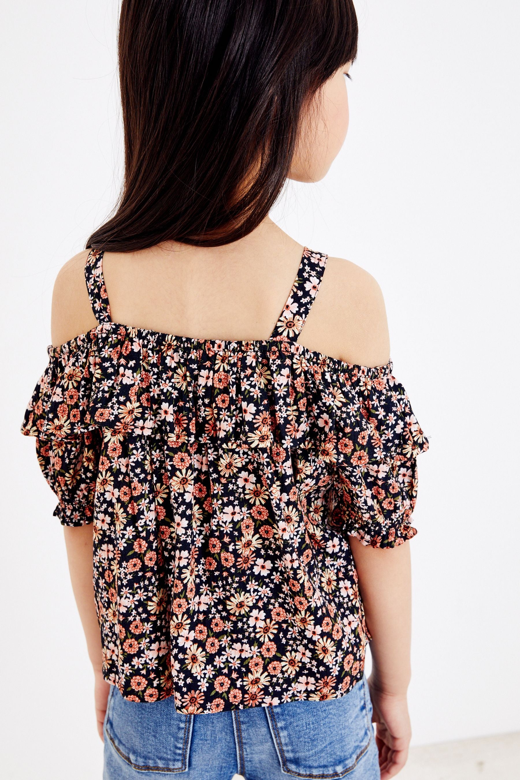 Black Floral Cold Shoulder Blouse (3-16yrs)