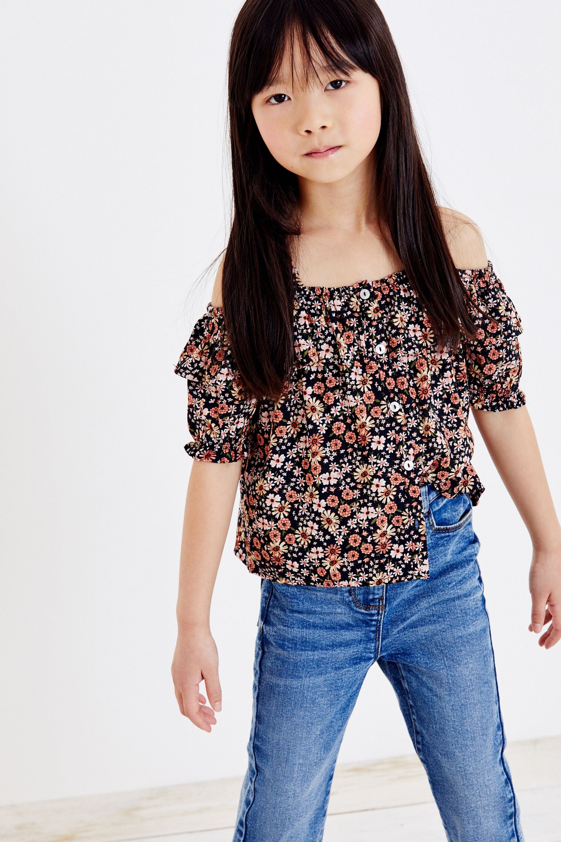 Black Floral Cold Shoulder Blouse (3-16yrs)