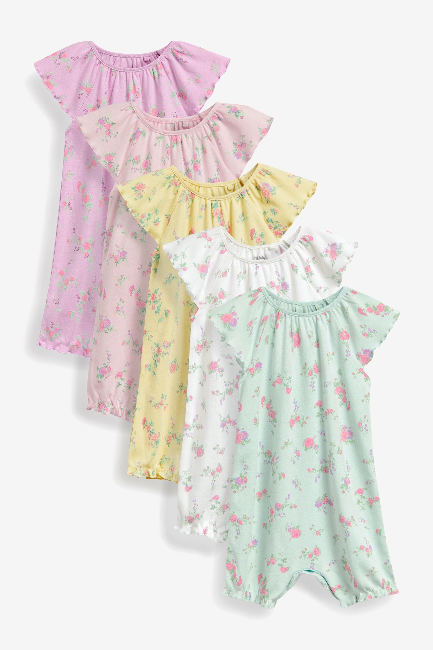 Pastel Pink Floral Baby 5 Pack Printed Rompers (0-18mths)