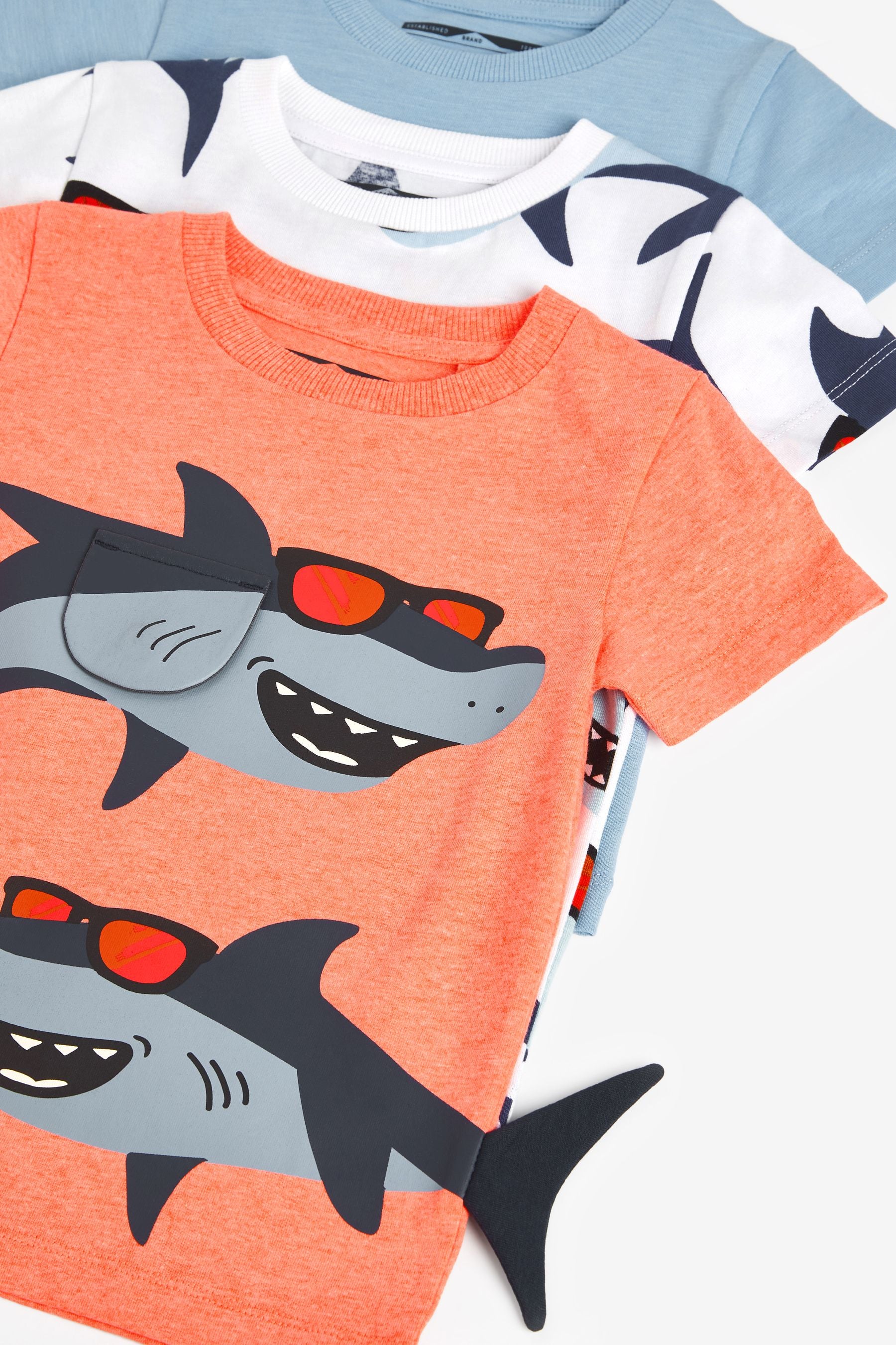 Blue/Orange Shark 3 Pack T-Shirts (3mths-7yrs)