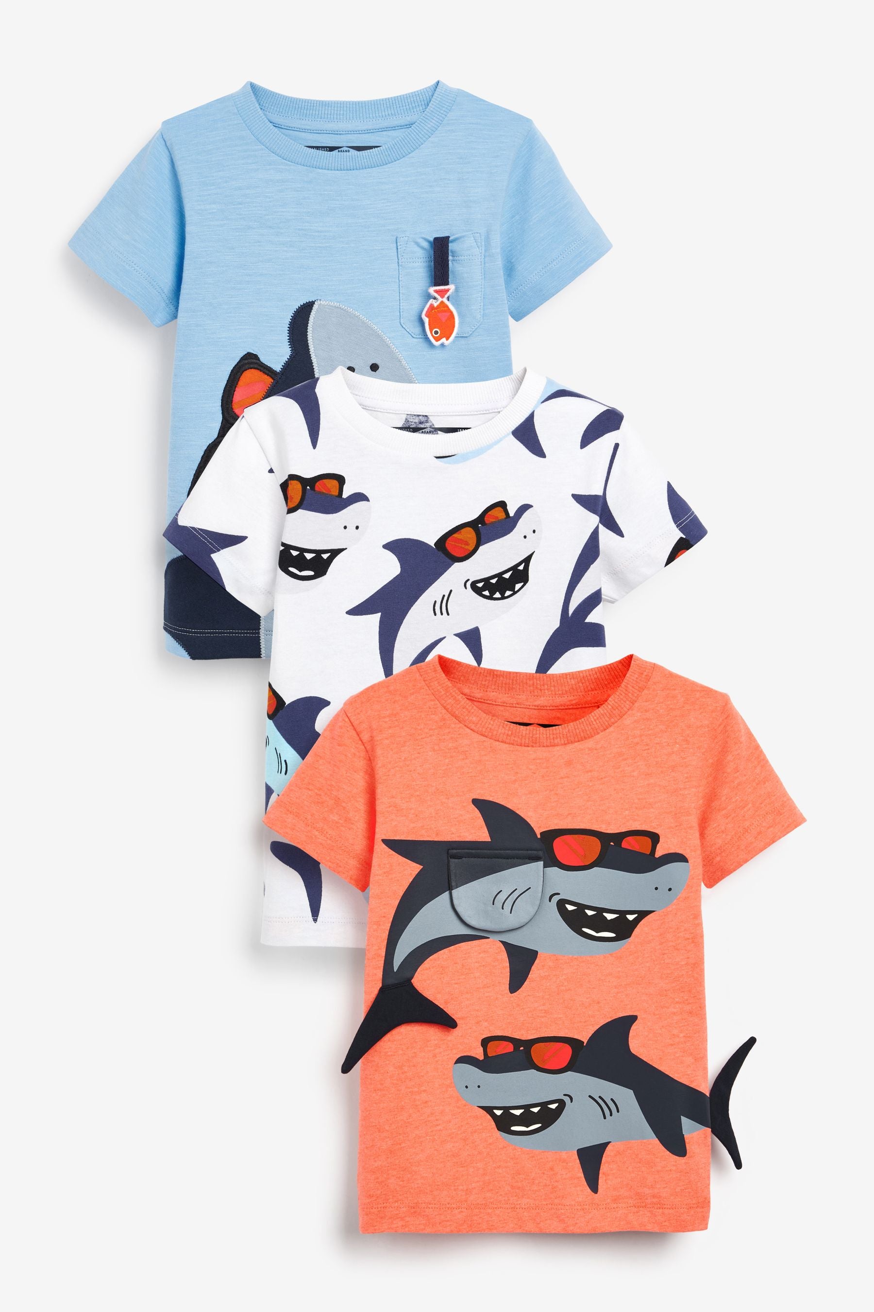 Blue/Orange Shark 3 Pack T-Shirts (3mths-7yrs)