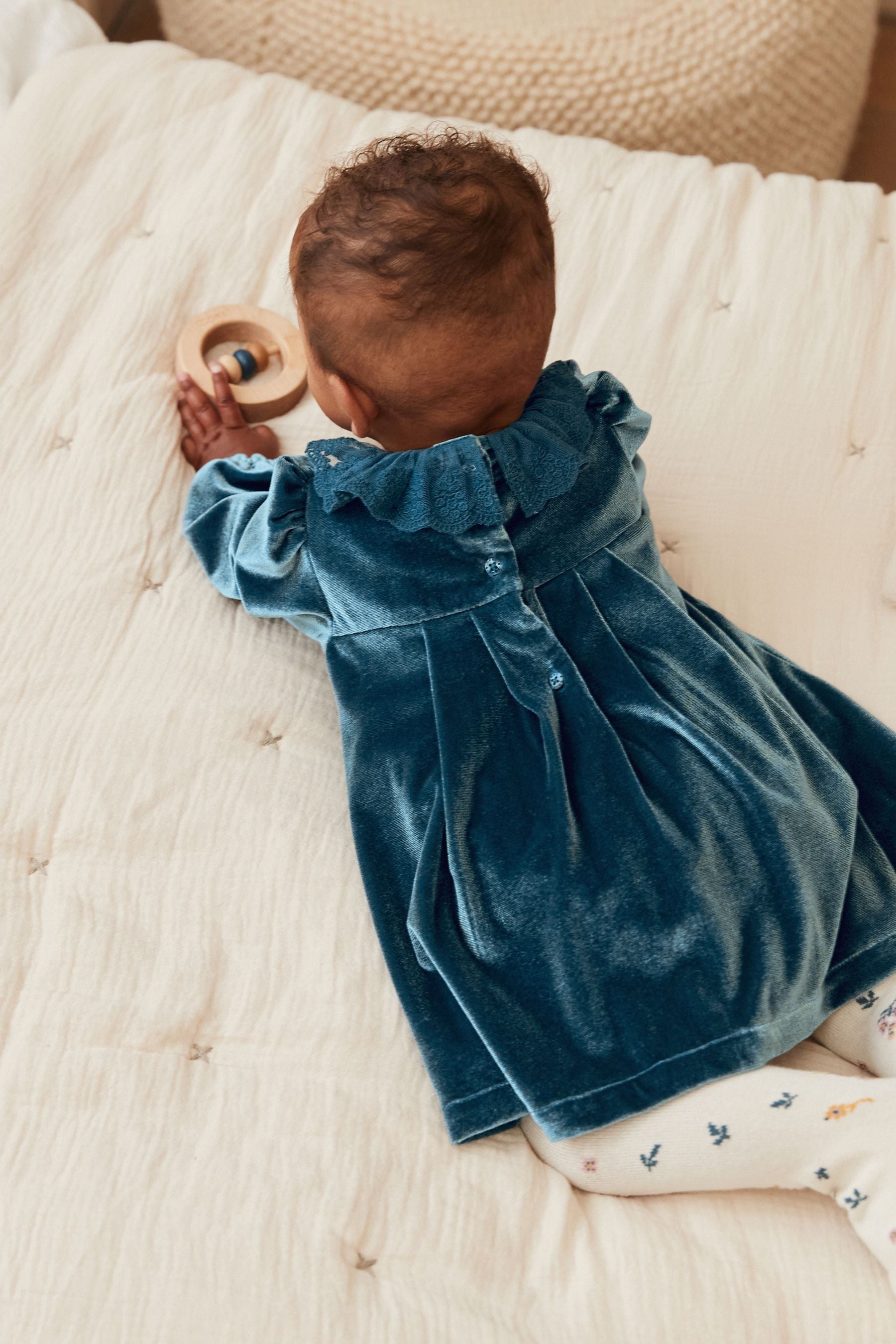 Teal Blue Velour Collared Baby Dress And Tight Set (0mths-2yrs)