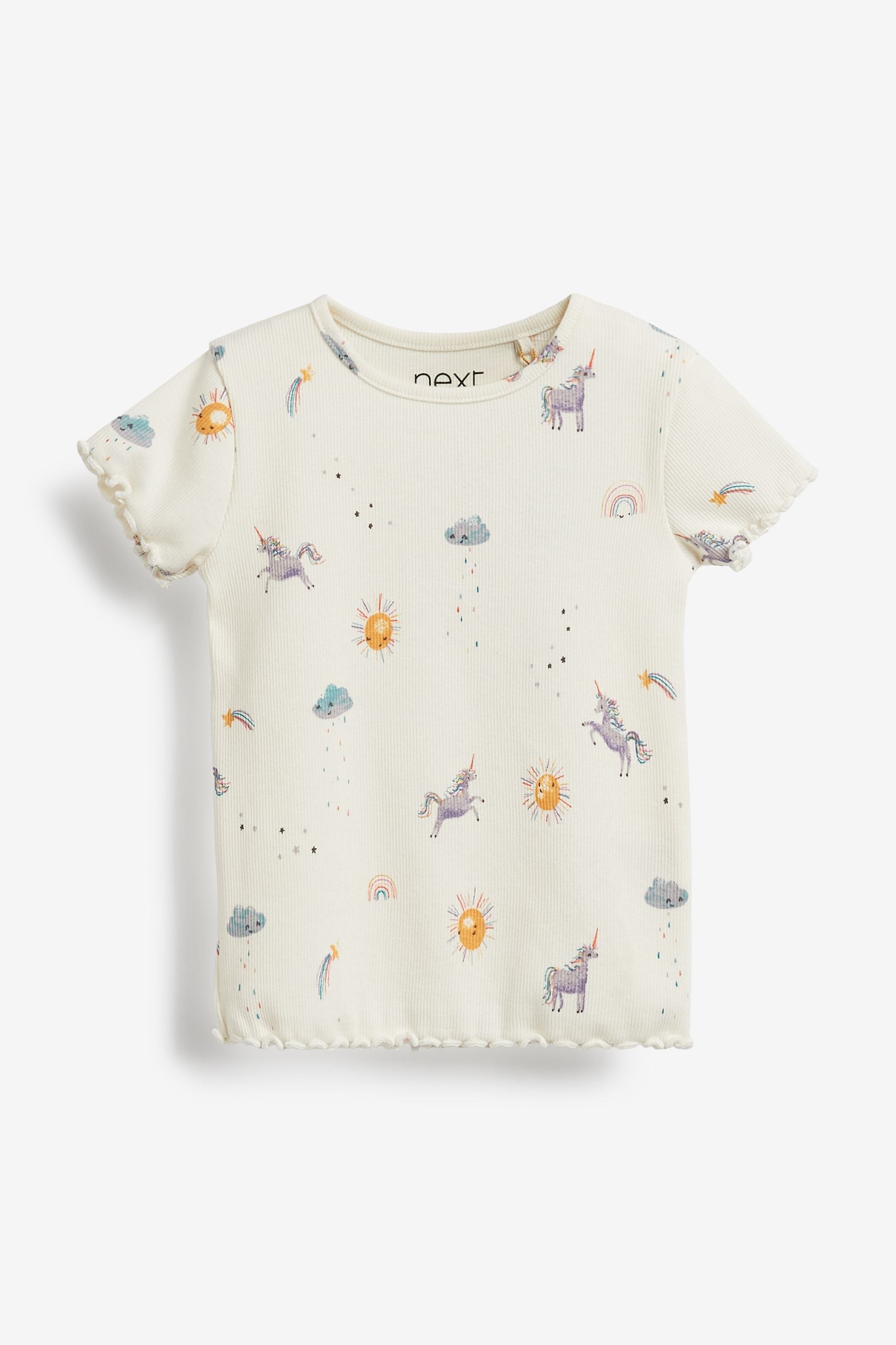 Ecru White Unicorn Short Sleeve Rib Jersey Cotton Rich Top (3mths-7yrs)