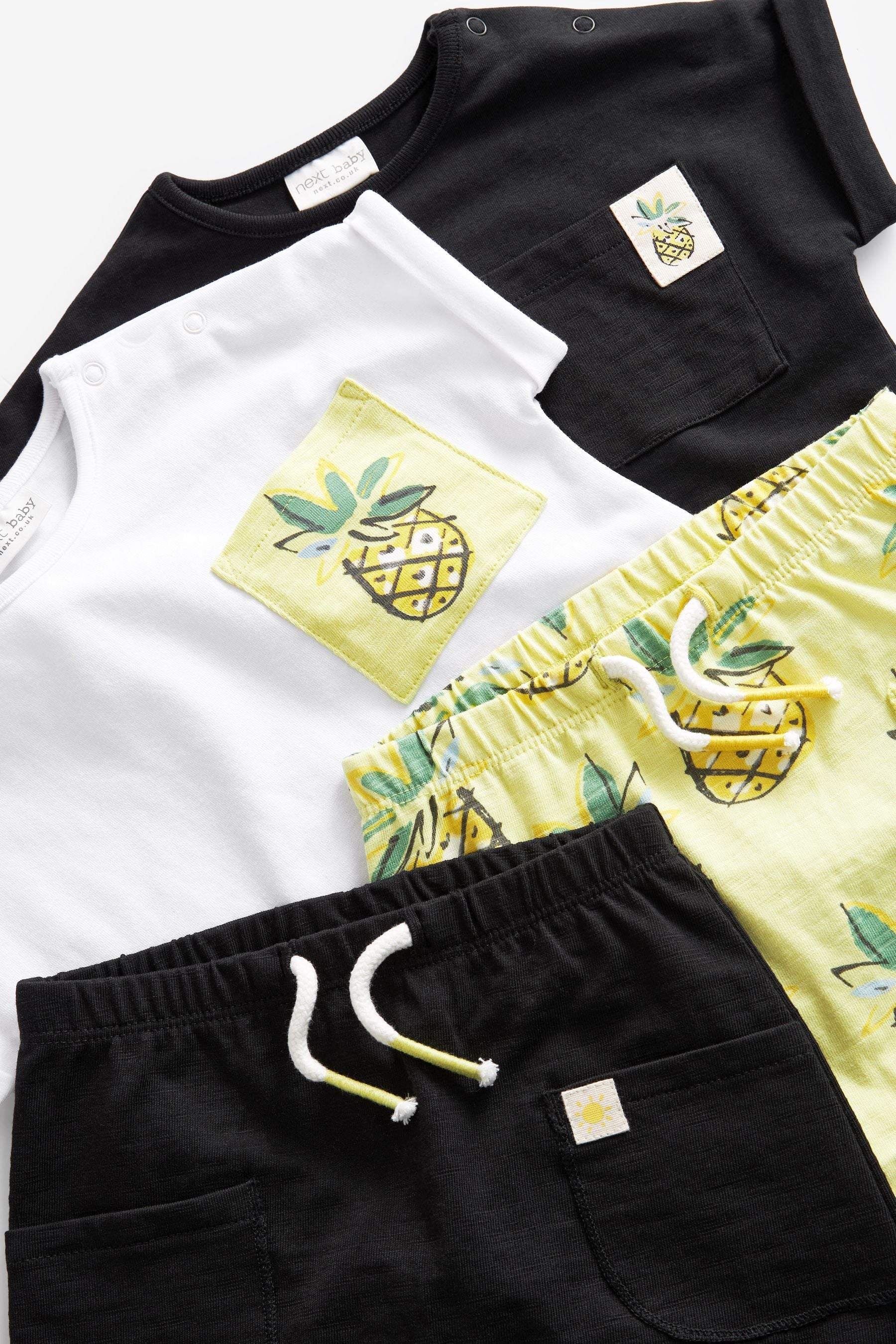 Black/White/Green/Pineapple Print 4 Pack Baby T-Shirt and Shorts Set