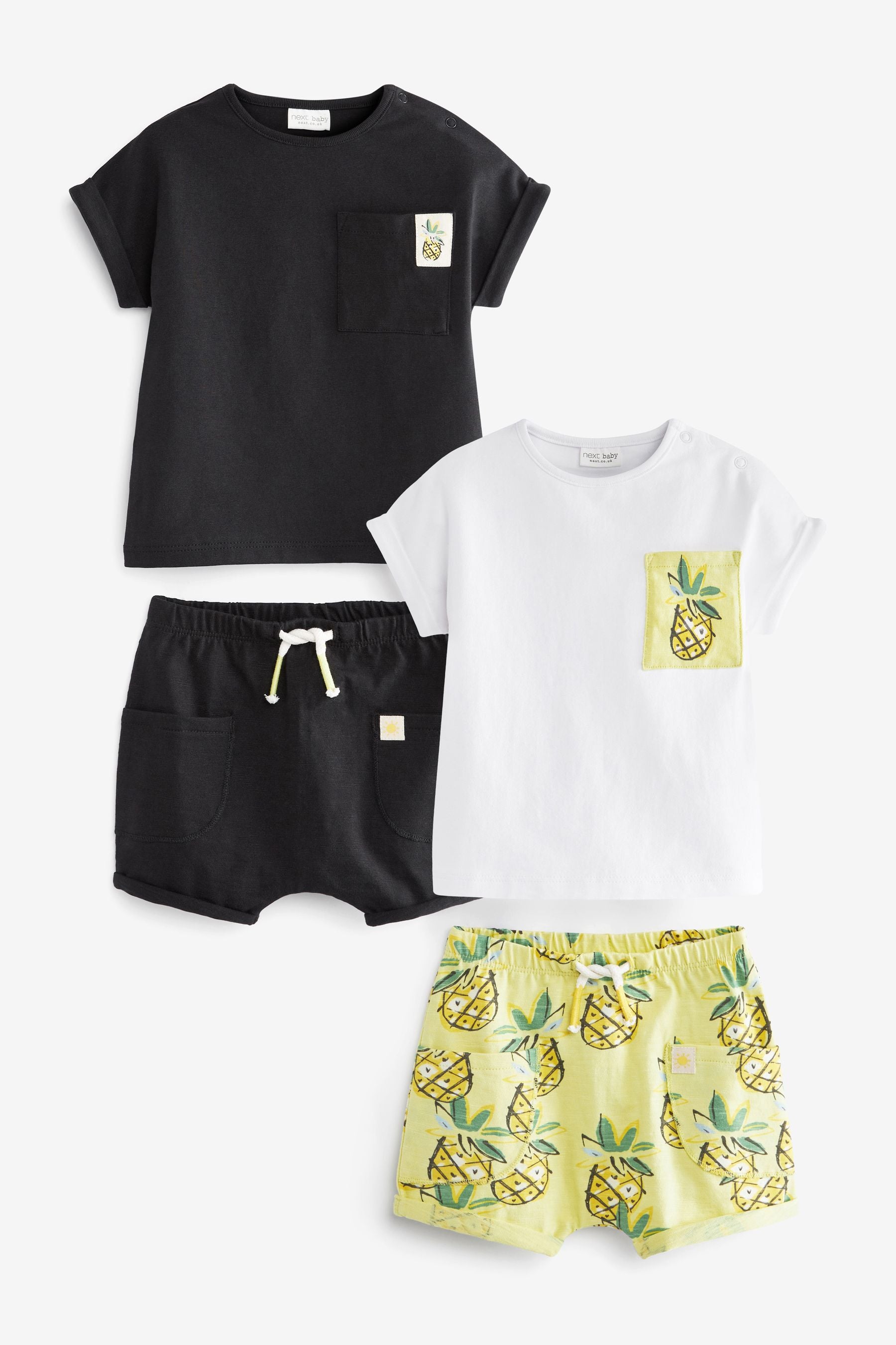 Black/White/Green/Pineapple Print 4 Pack Baby T-Shirt and Shorts Set