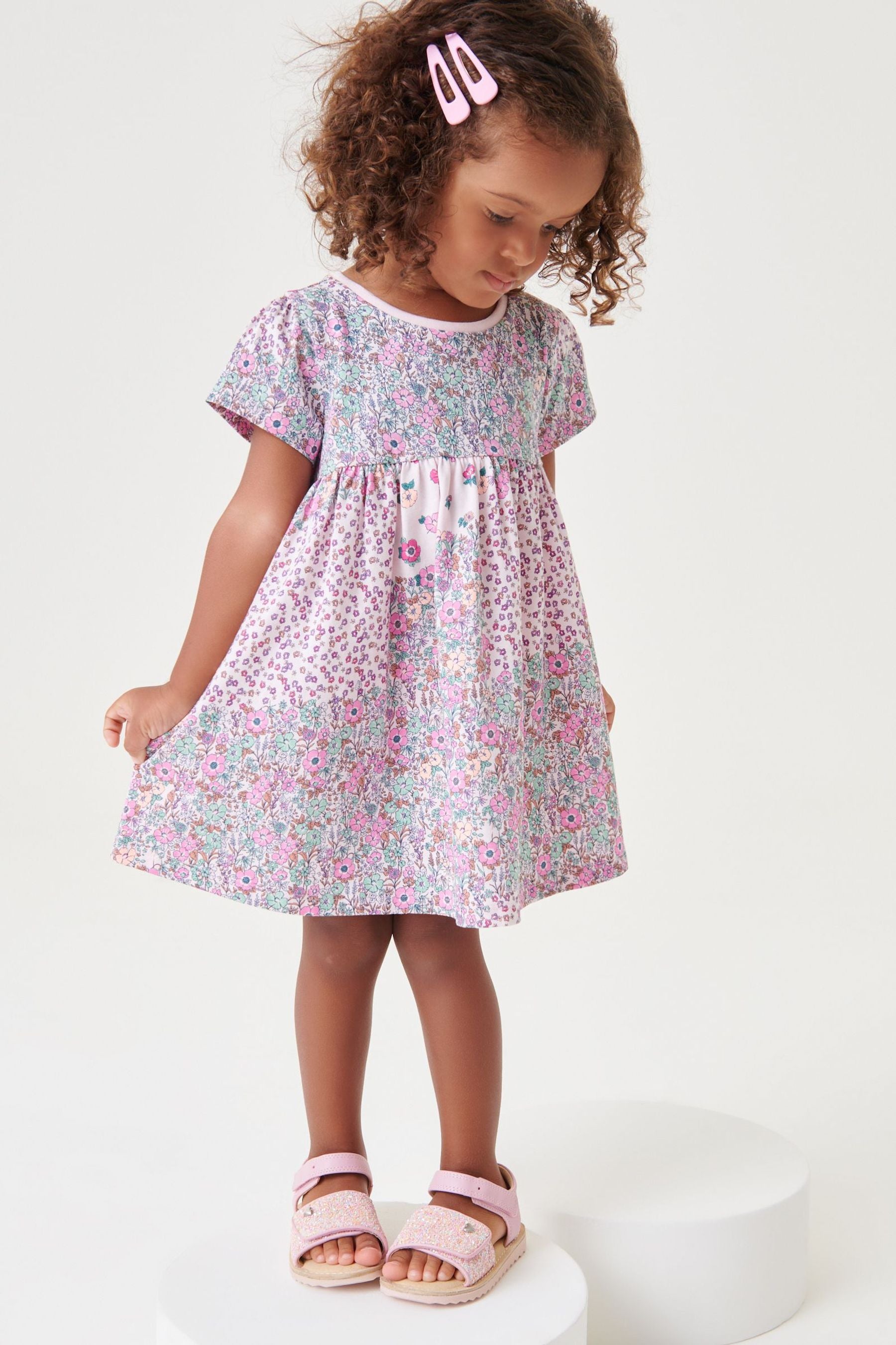 Pink Mixed Floral Short Sleeve Jersey Dress (3mths-7yrs)