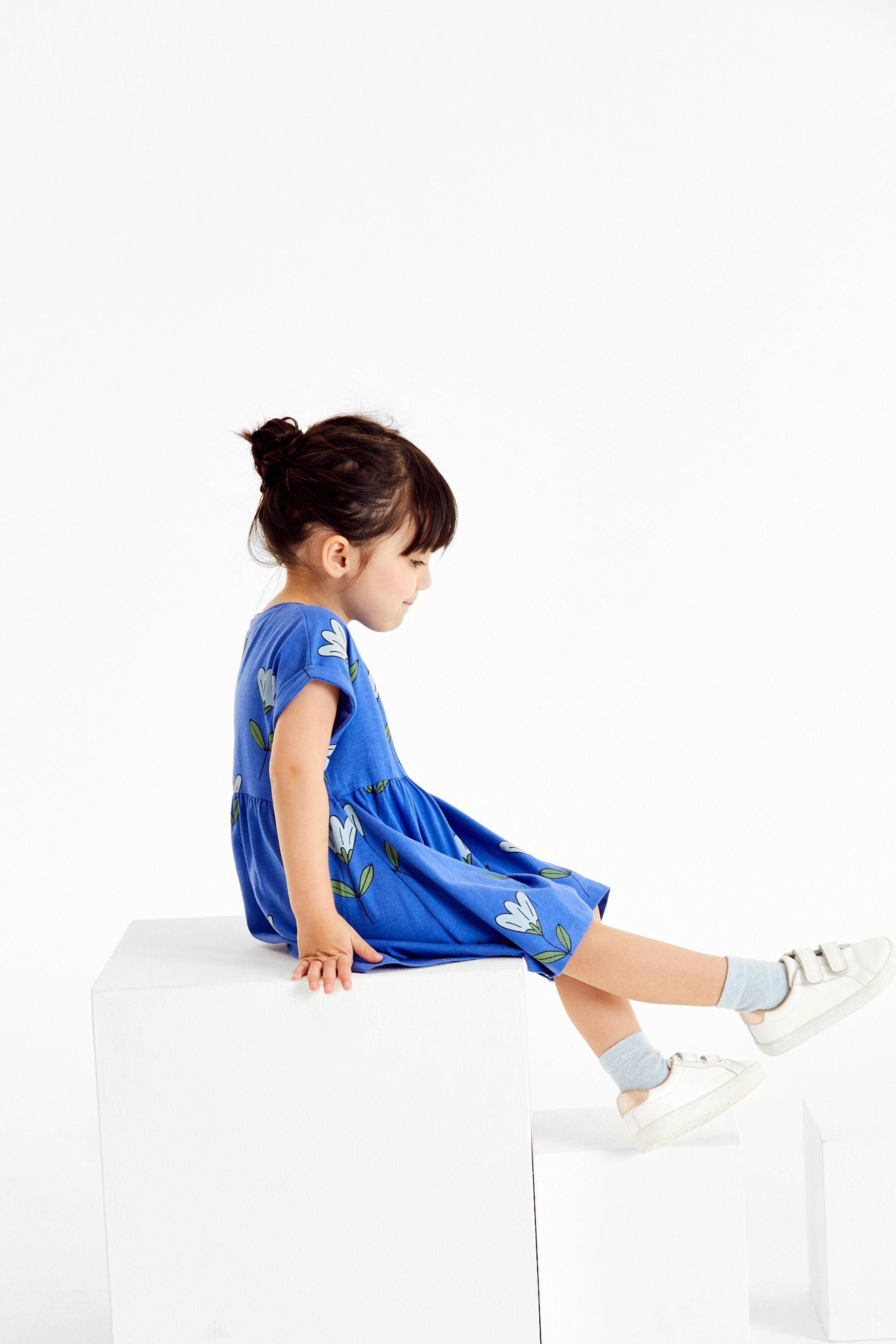 Blue Flower Print Short Sleeve Jersey Dress (3mths-7yrs)