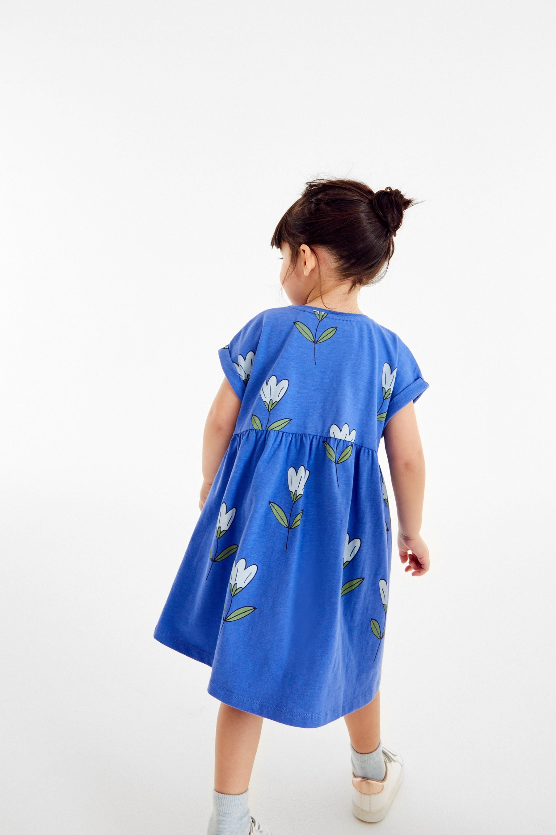 Blue Flower Print Short Sleeve Jersey Dress (3mths-7yrs)