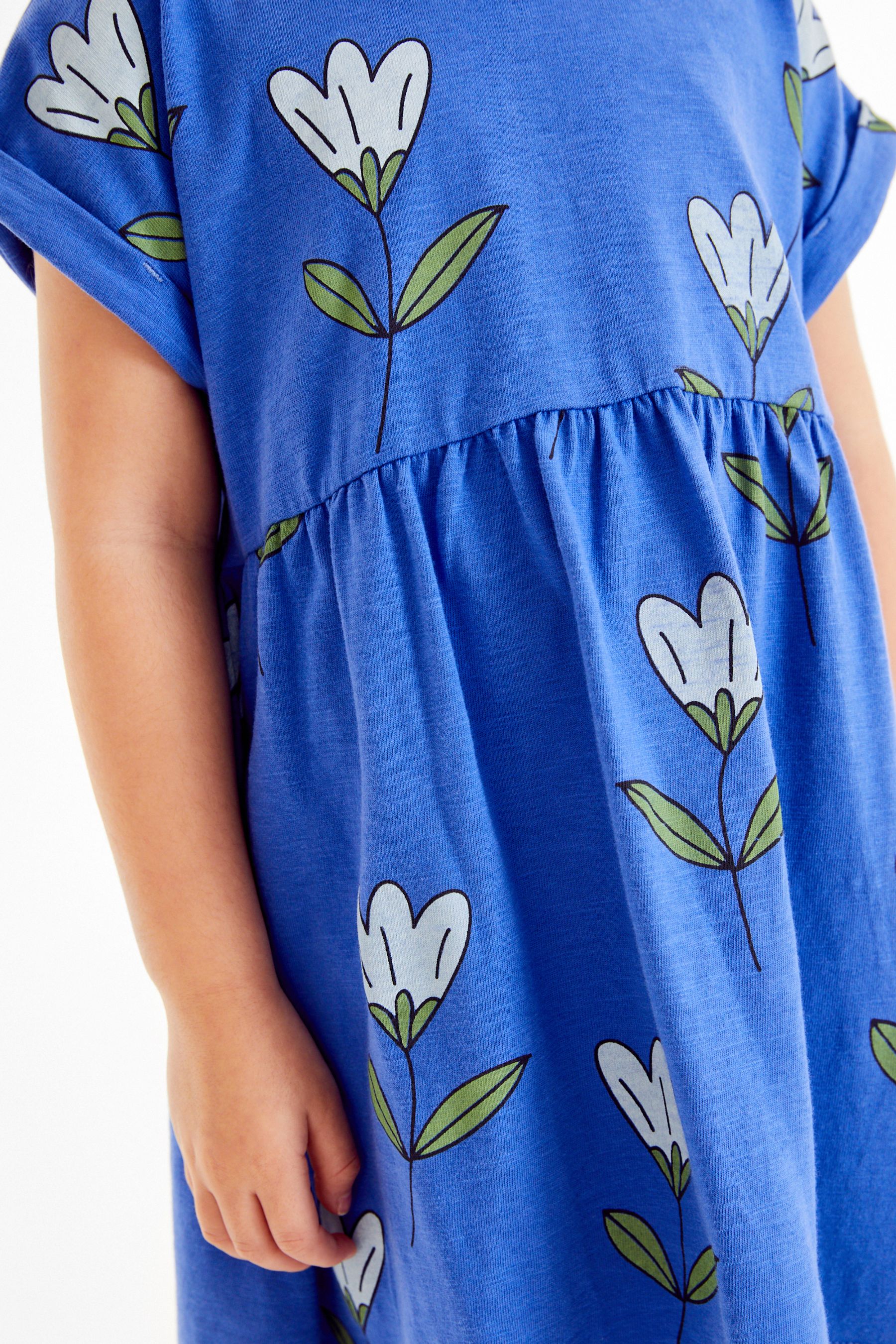 Blue Flower Print Short Sleeve Jersey Dress (3mths-7yrs)