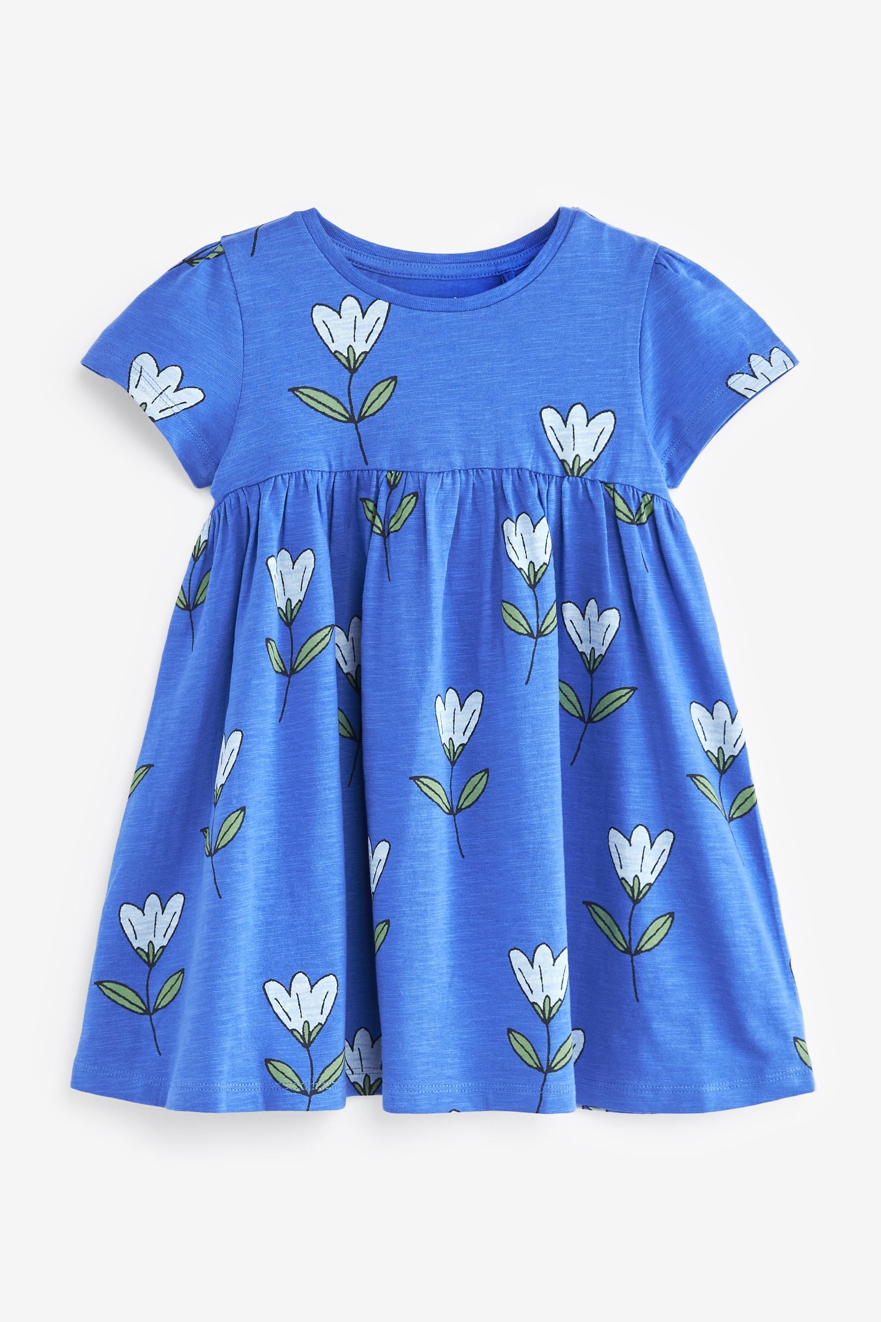 Blue Flower Print Short Sleeve Jersey Dress (3mths-7yrs)