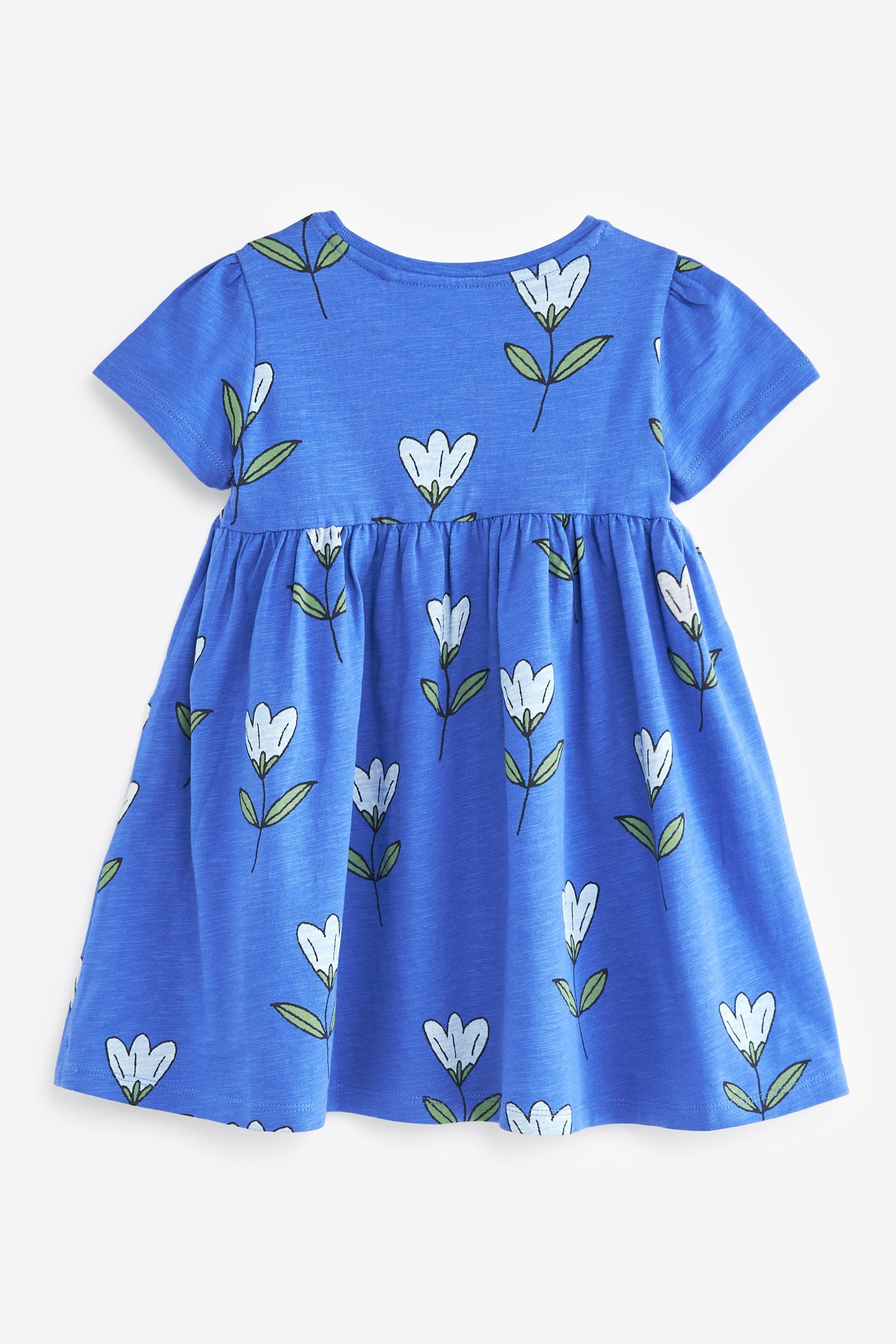 Blue Flower Print Short Sleeve Jersey Dress (3mths-7yrs)