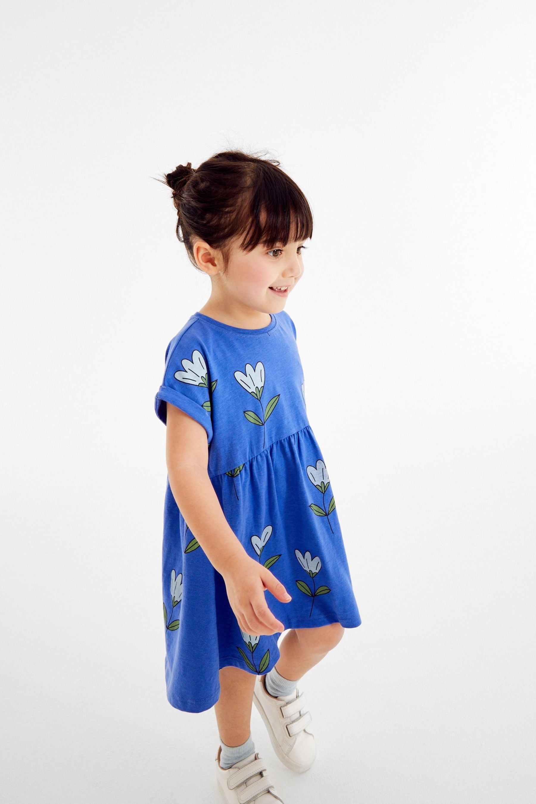 Blue Flower Print Short Sleeve Jersey Dress (3mths-7yrs)