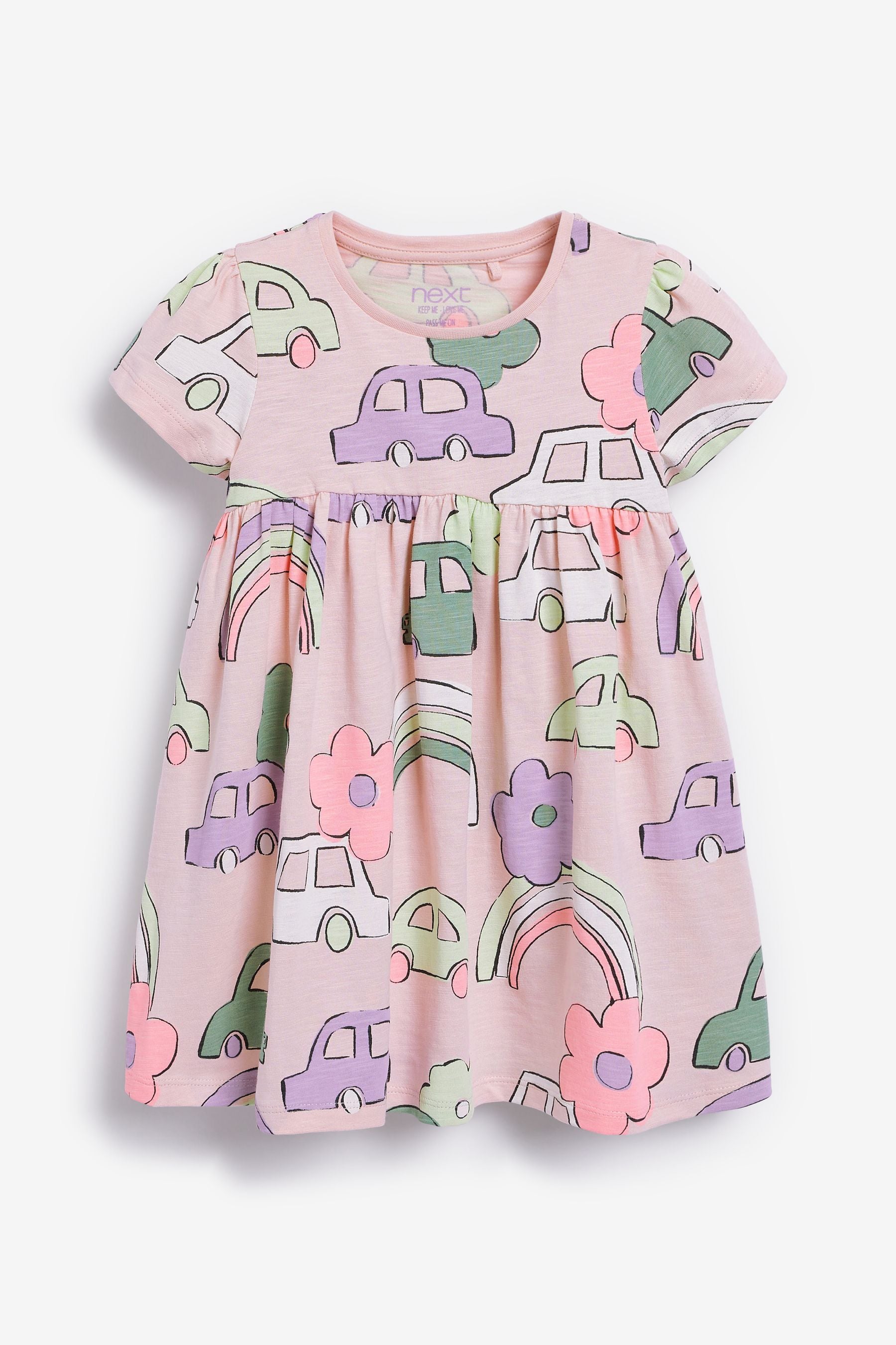 Pink Car Print Short Sleeve Jersey Dress (3mths-7yrs)