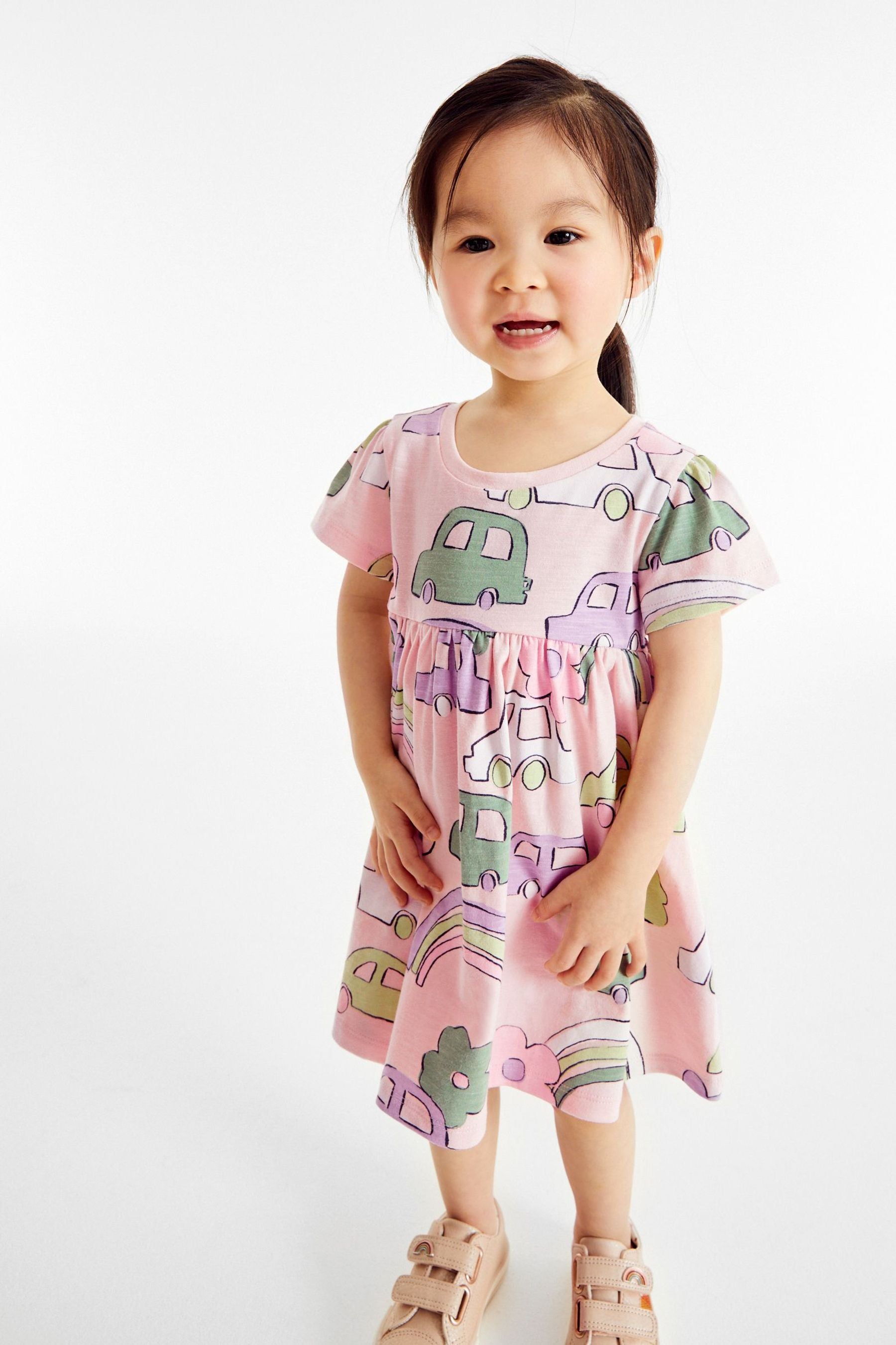 Pink Car Print Short Sleeve Jersey Dress (3mths-7yrs)