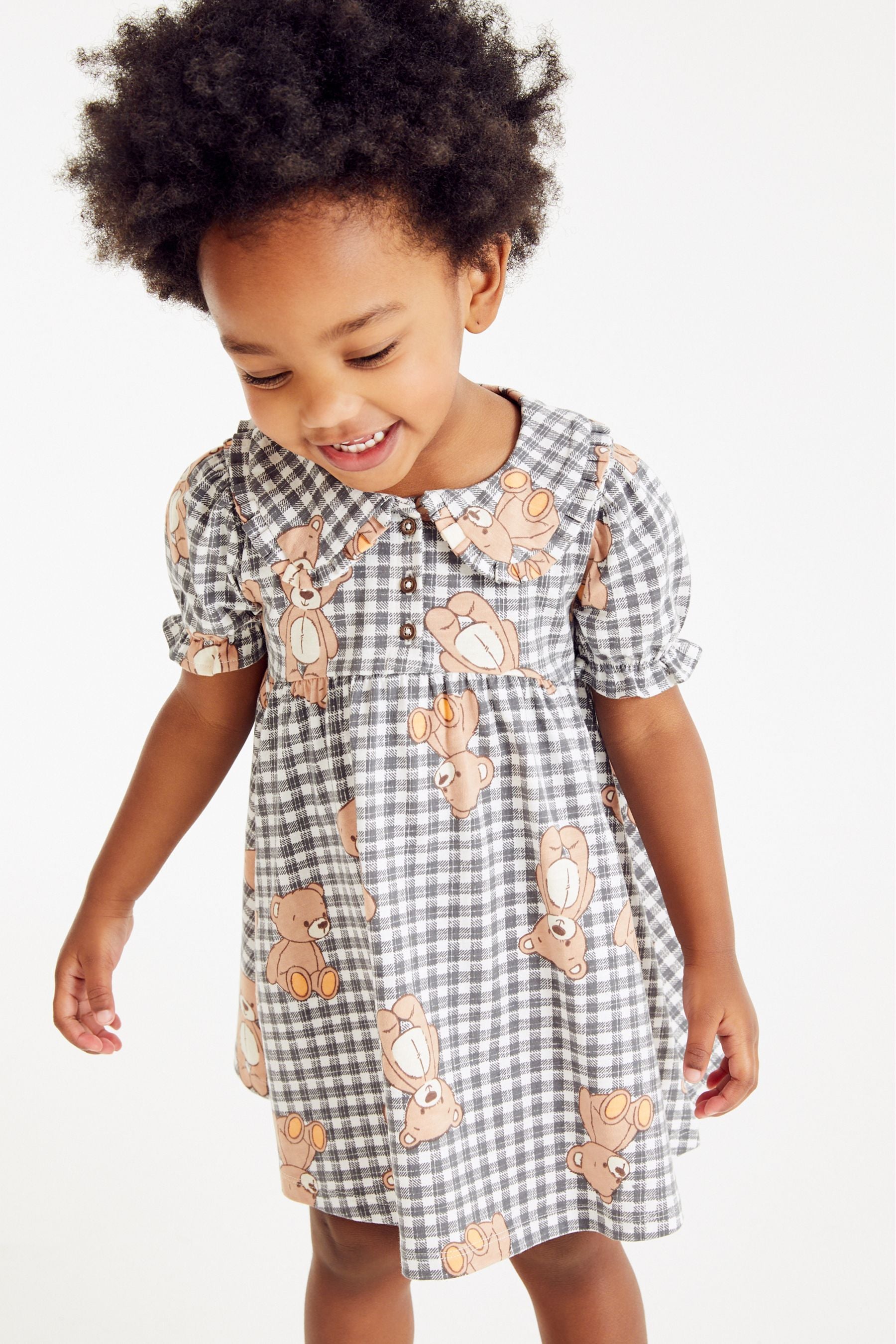 Gingham Teddy Bear Jersey Collared Tea Dress (3mths-7yrs)