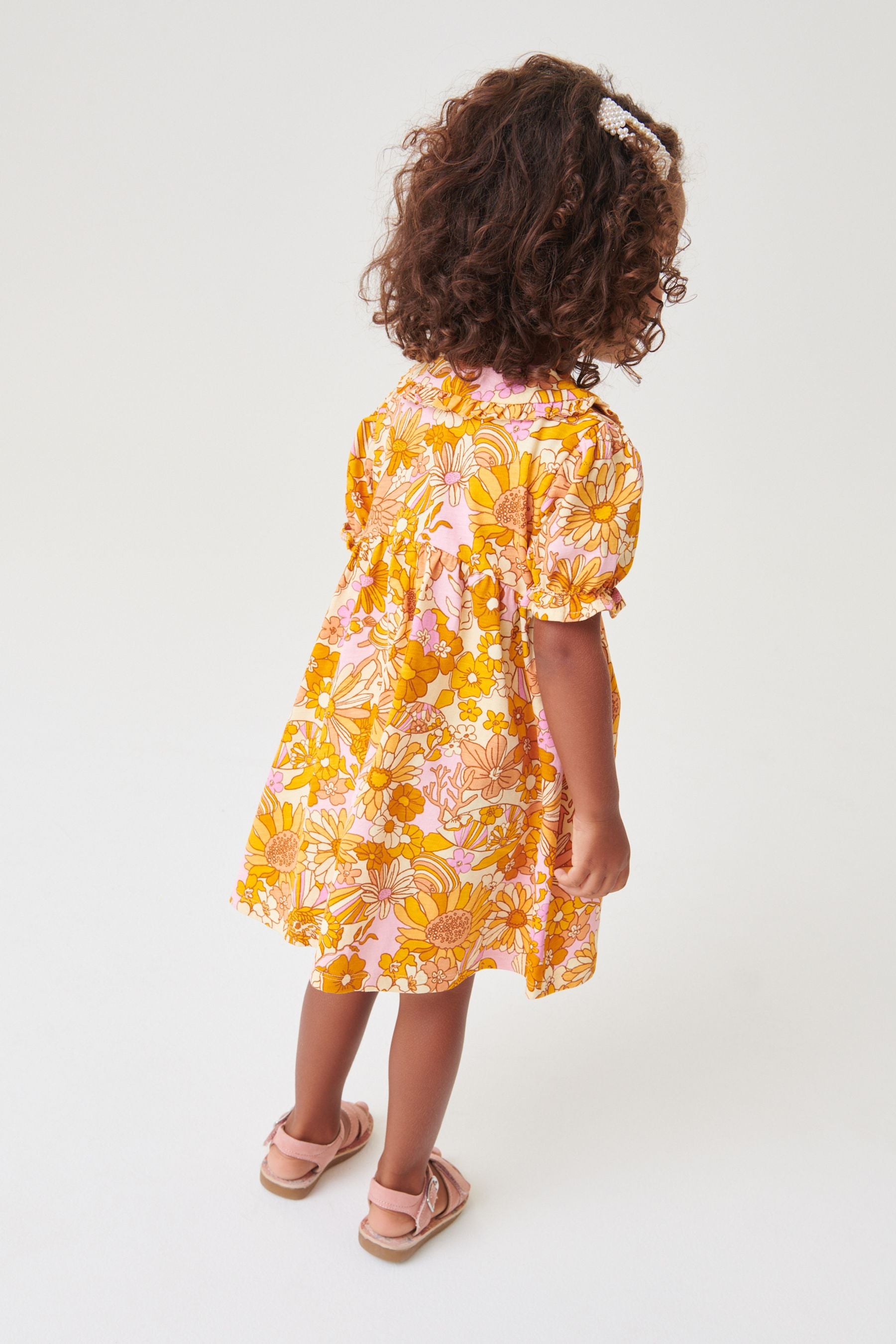 Orange Retro Floral Jersey Collared Tea Dress (3mths-7yrs)