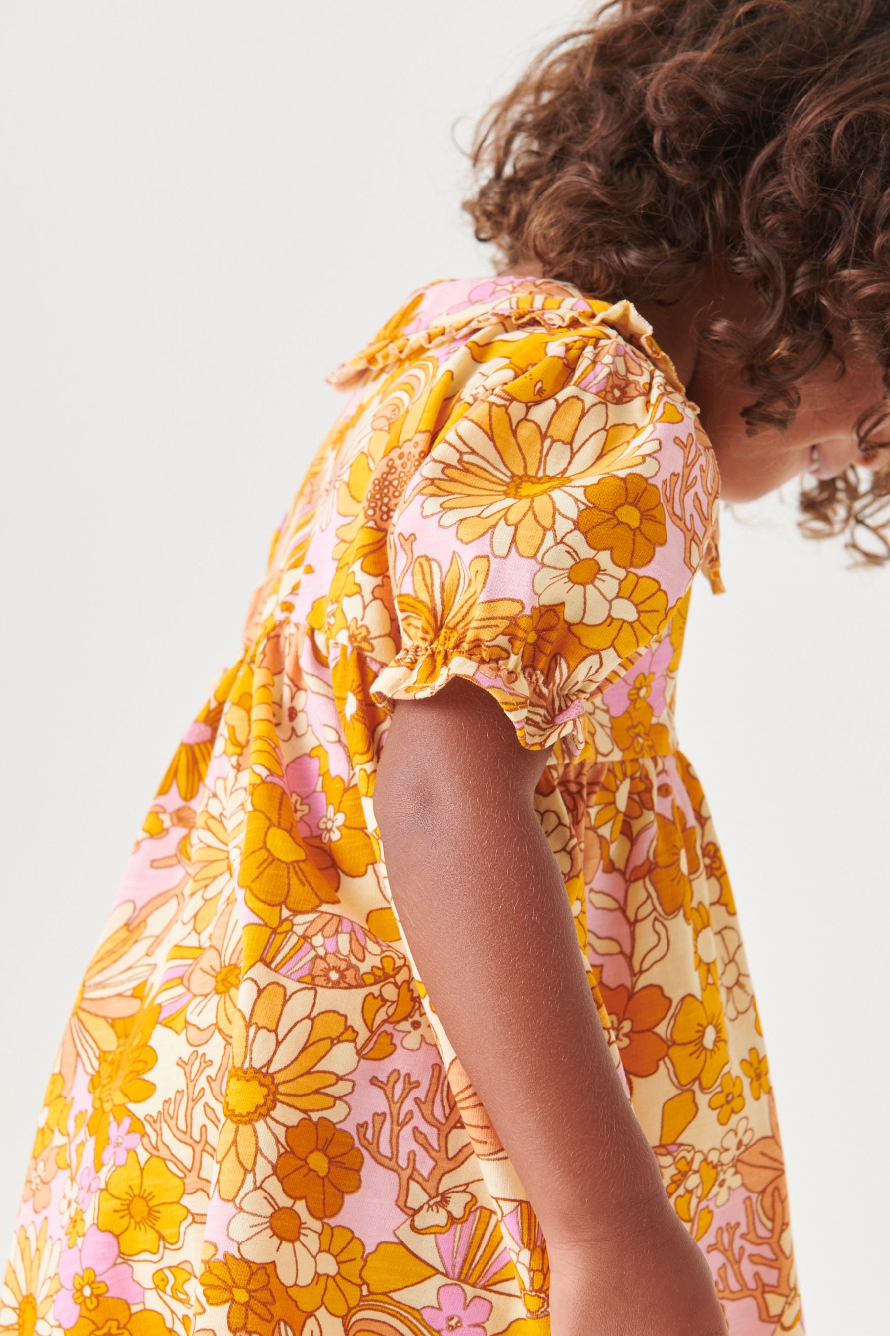 Orange Retro Floral Jersey Collared Tea Dress (3mths-7yrs)