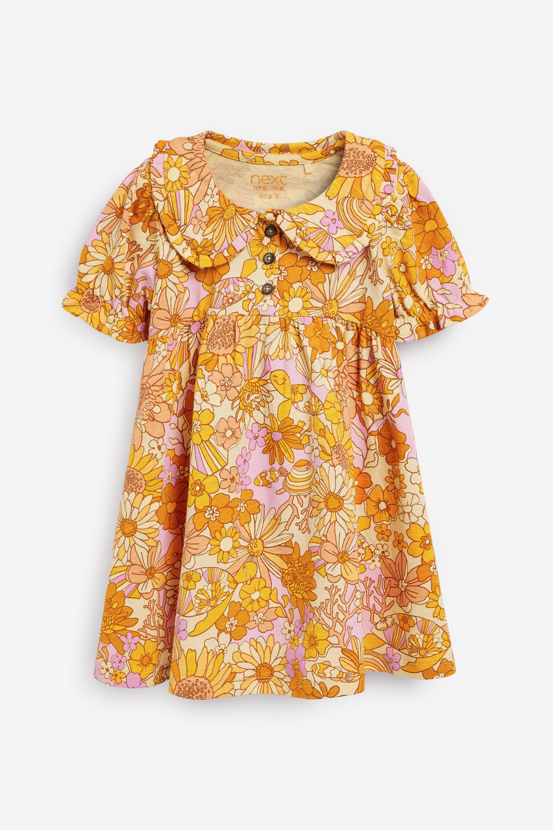 Orange Retro Floral Jersey Collared Tea Dress (3mths-7yrs)