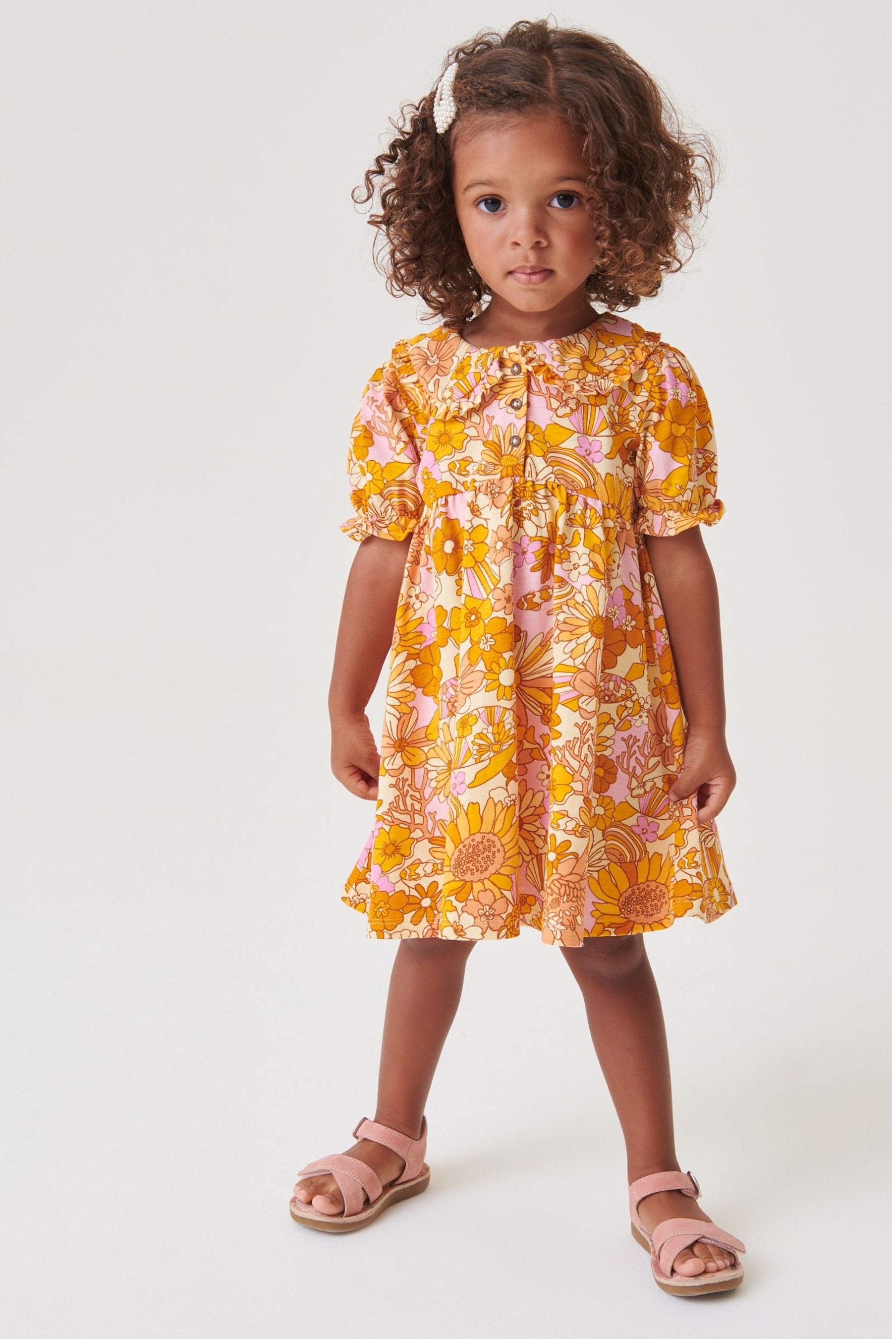 Orange Retro Floral Jersey Collared Tea Dress (3mths-7yrs)