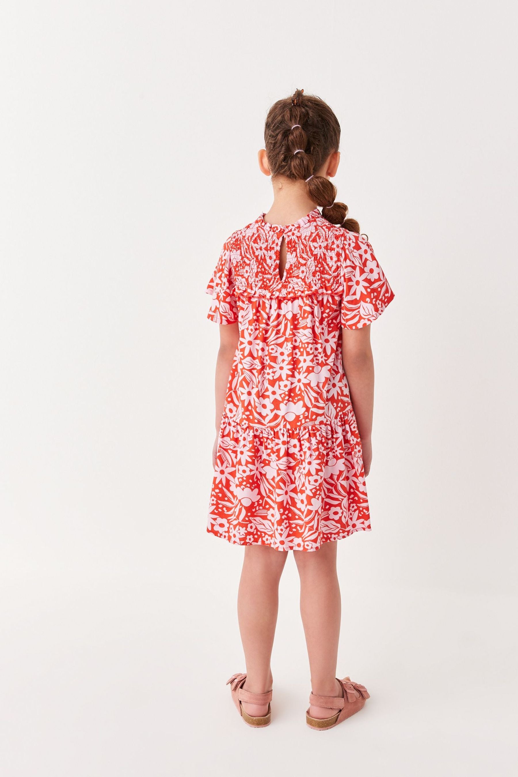 Pink/Red Flower Print Angel Sleeve Dress (3-16yrs)