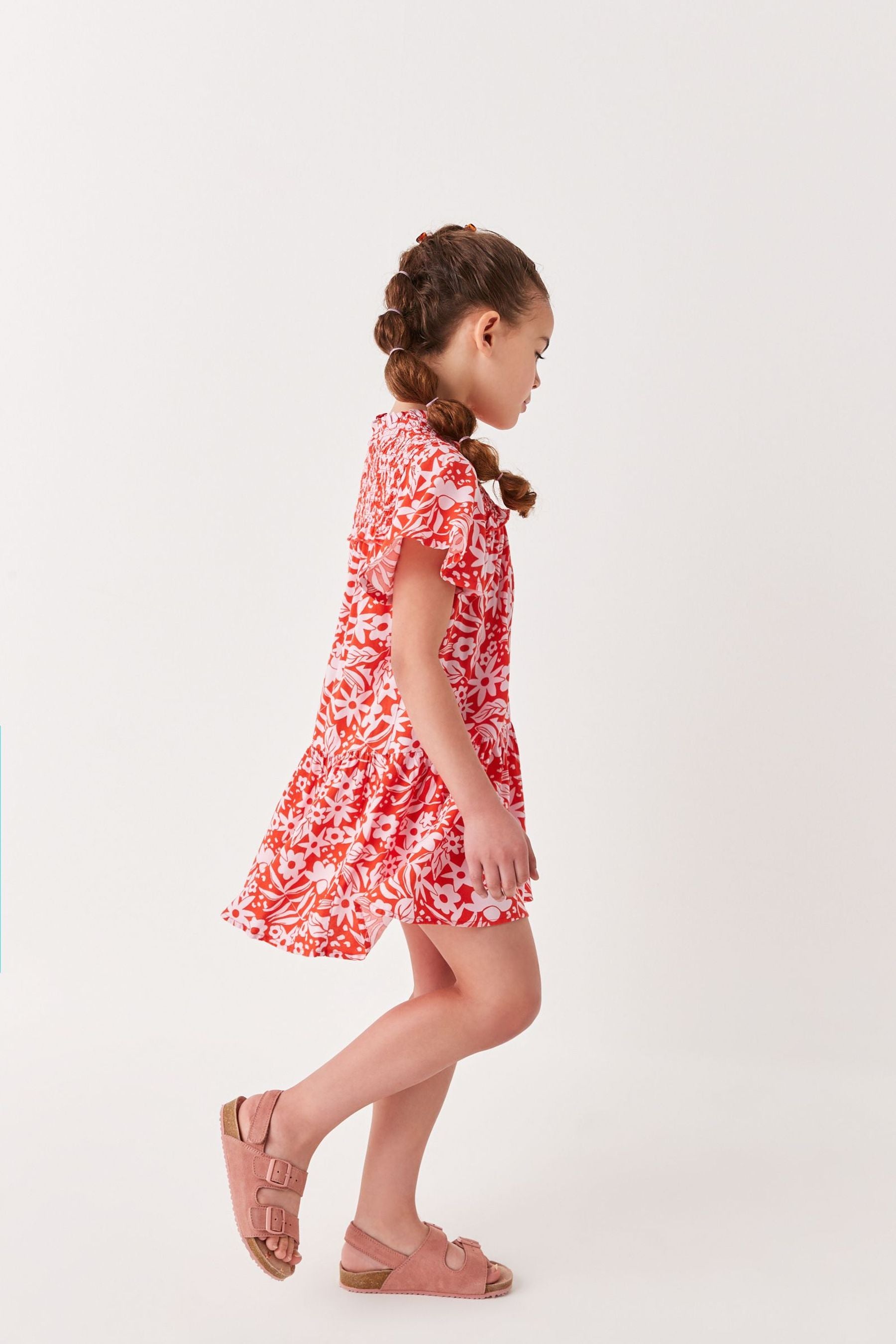 Pink/Red Flower Print Angel Sleeve Dress (3-16yrs)