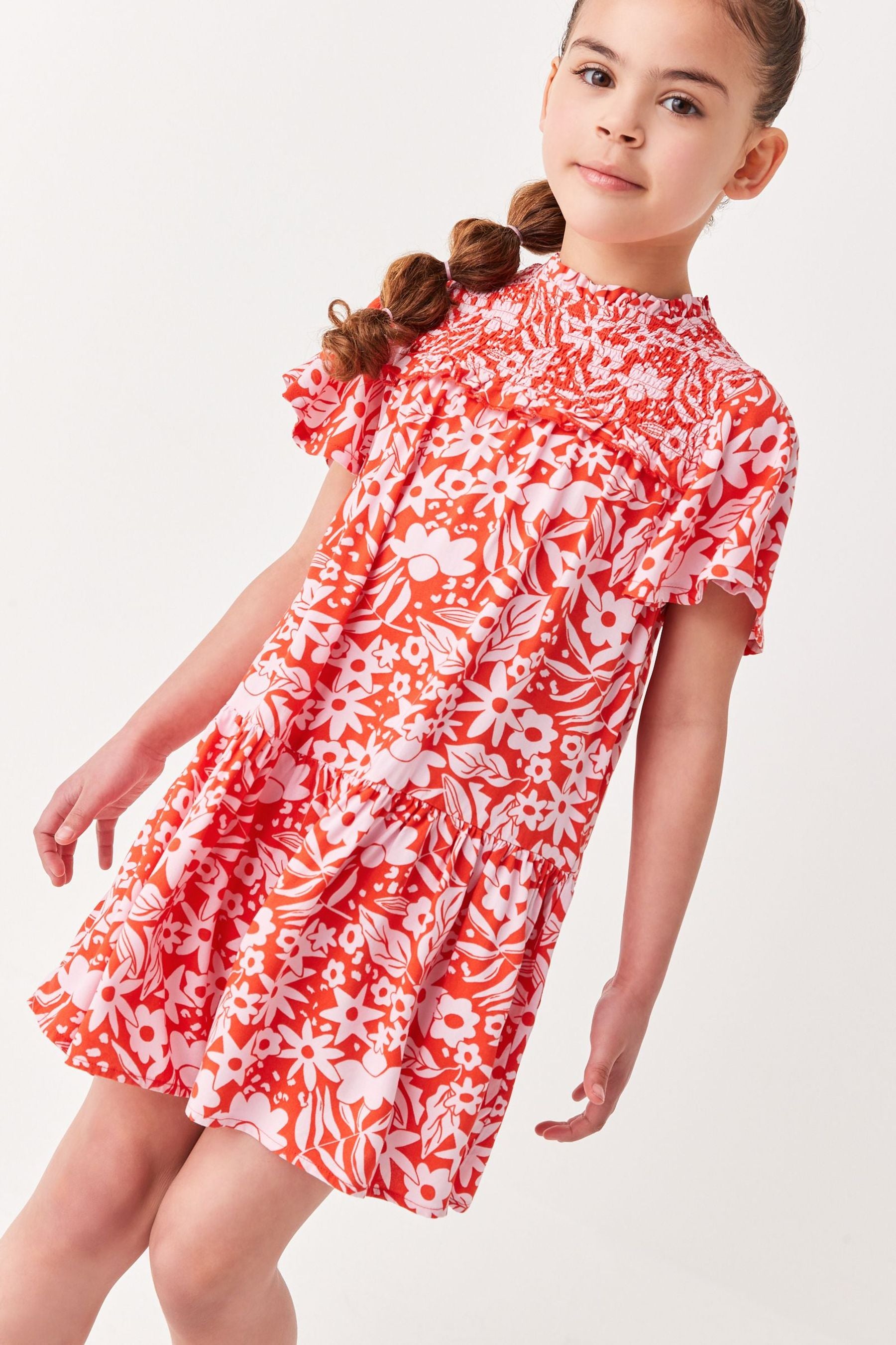 Pink/Red Flower Print Angel Sleeve Dress (3-16yrs)