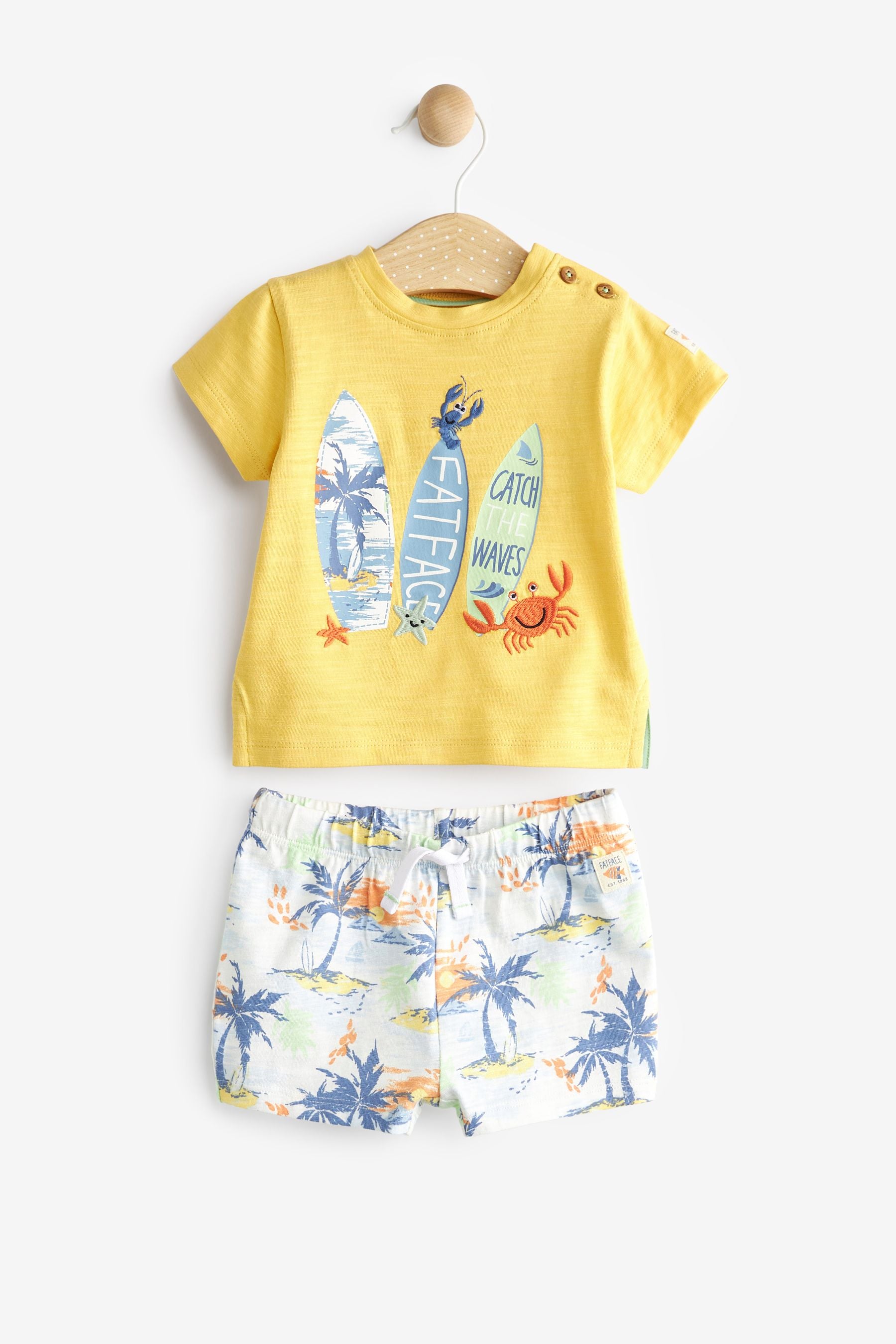 FatFace Baby Yellow Crew Surfboard T-Shirt And Shorts Set