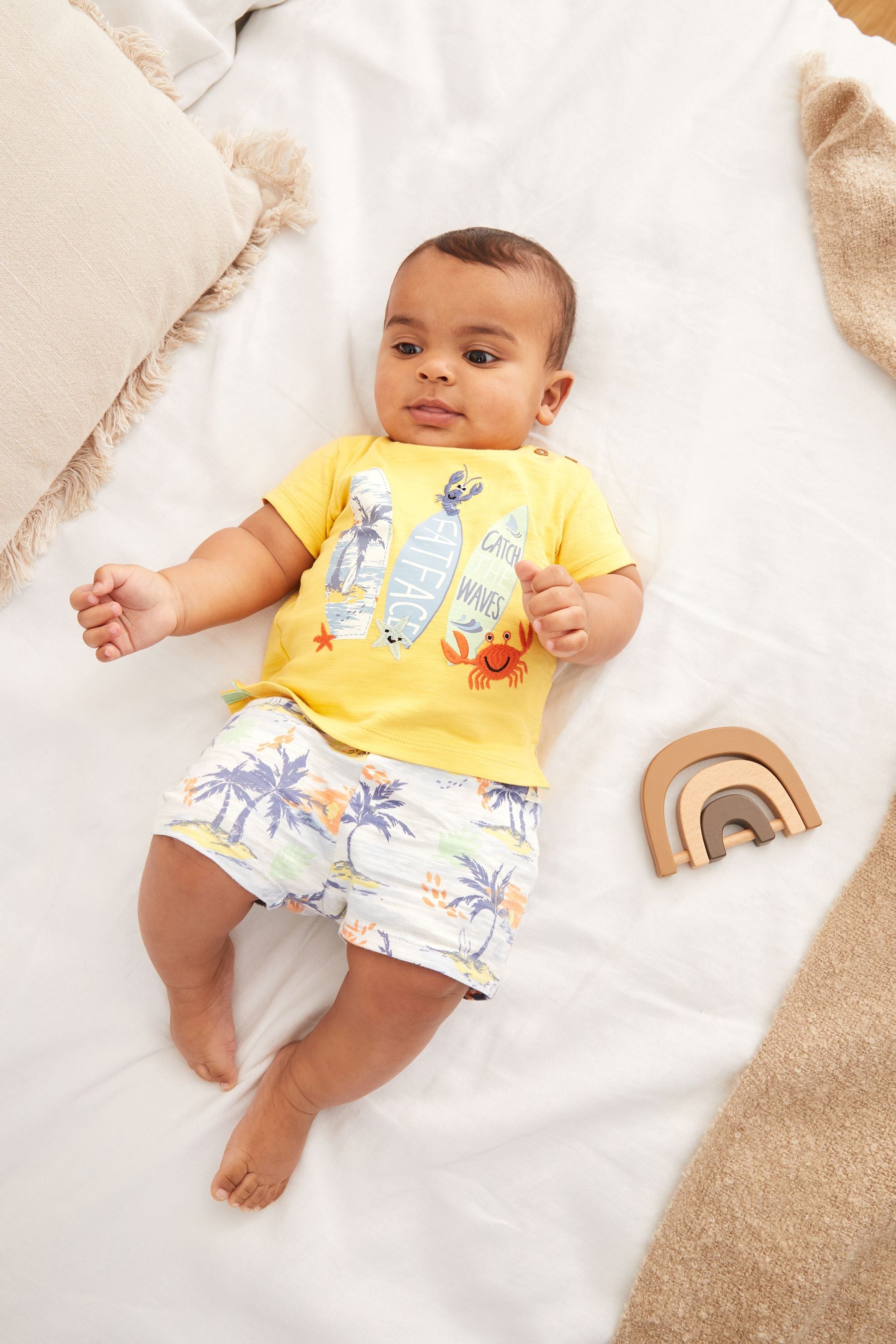 FatFace Baby Yellow Crew Surfboard T-Shirt And Shorts Set