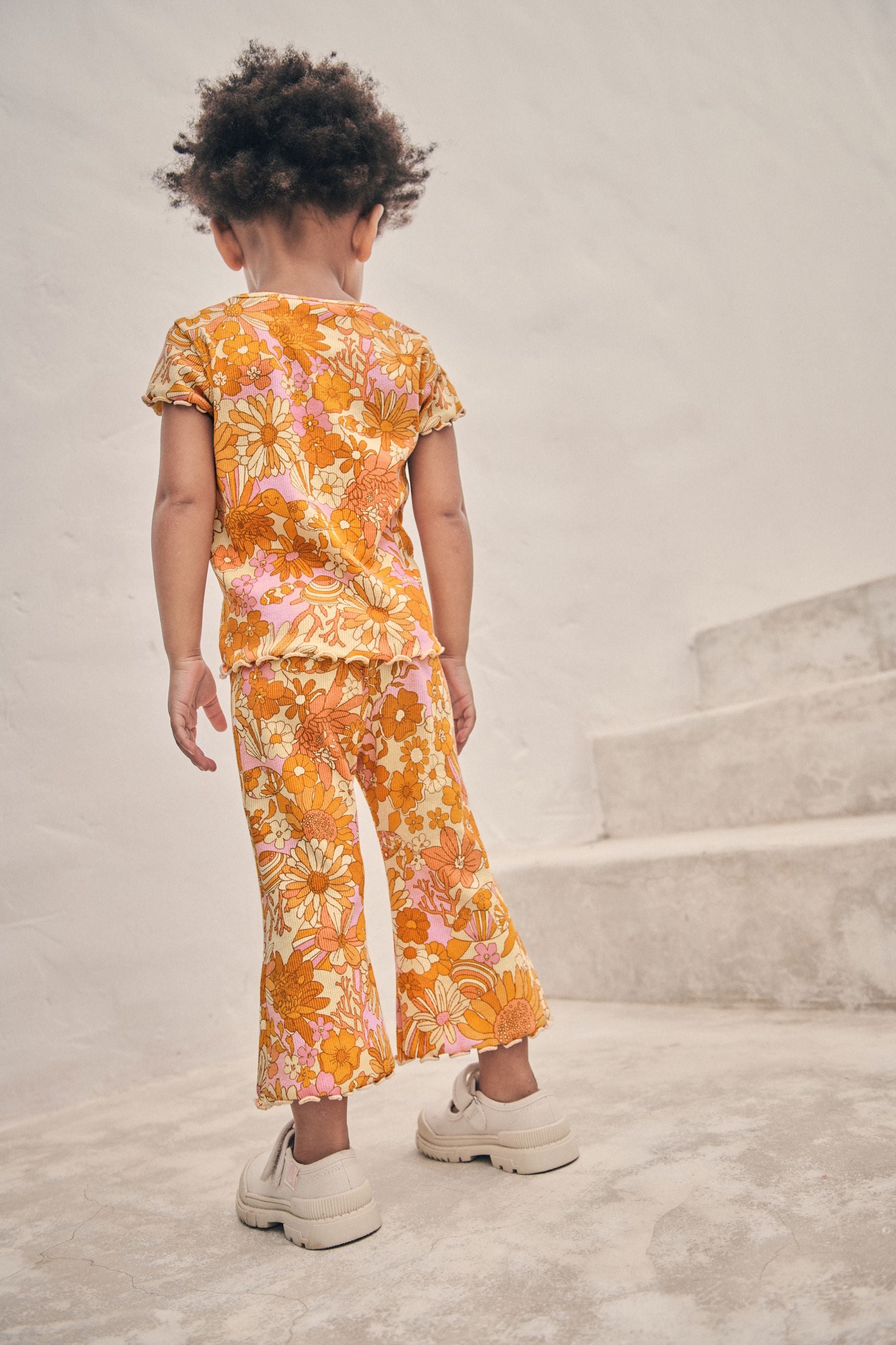 Ochre Retro floral Jersey Rib Top & Flare Trousers Set (3mths-7yrs)