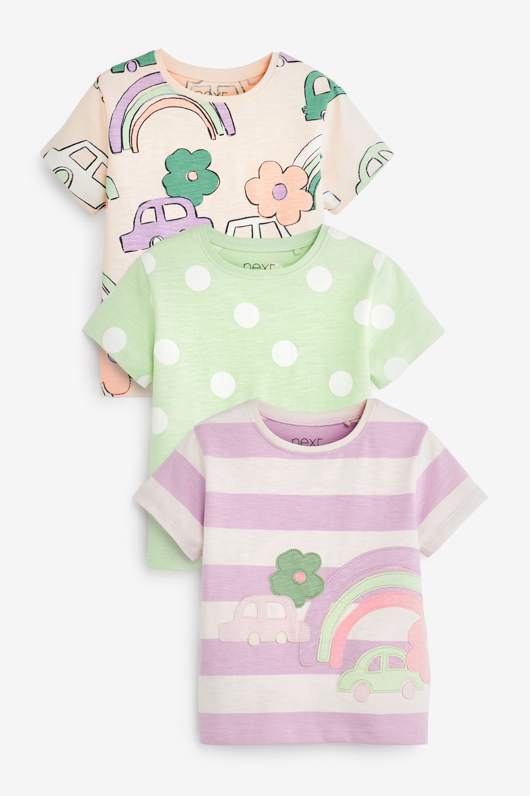 Lilac Purple/Green Cars 3 Pack T-Shirts (3mths-7yrs)