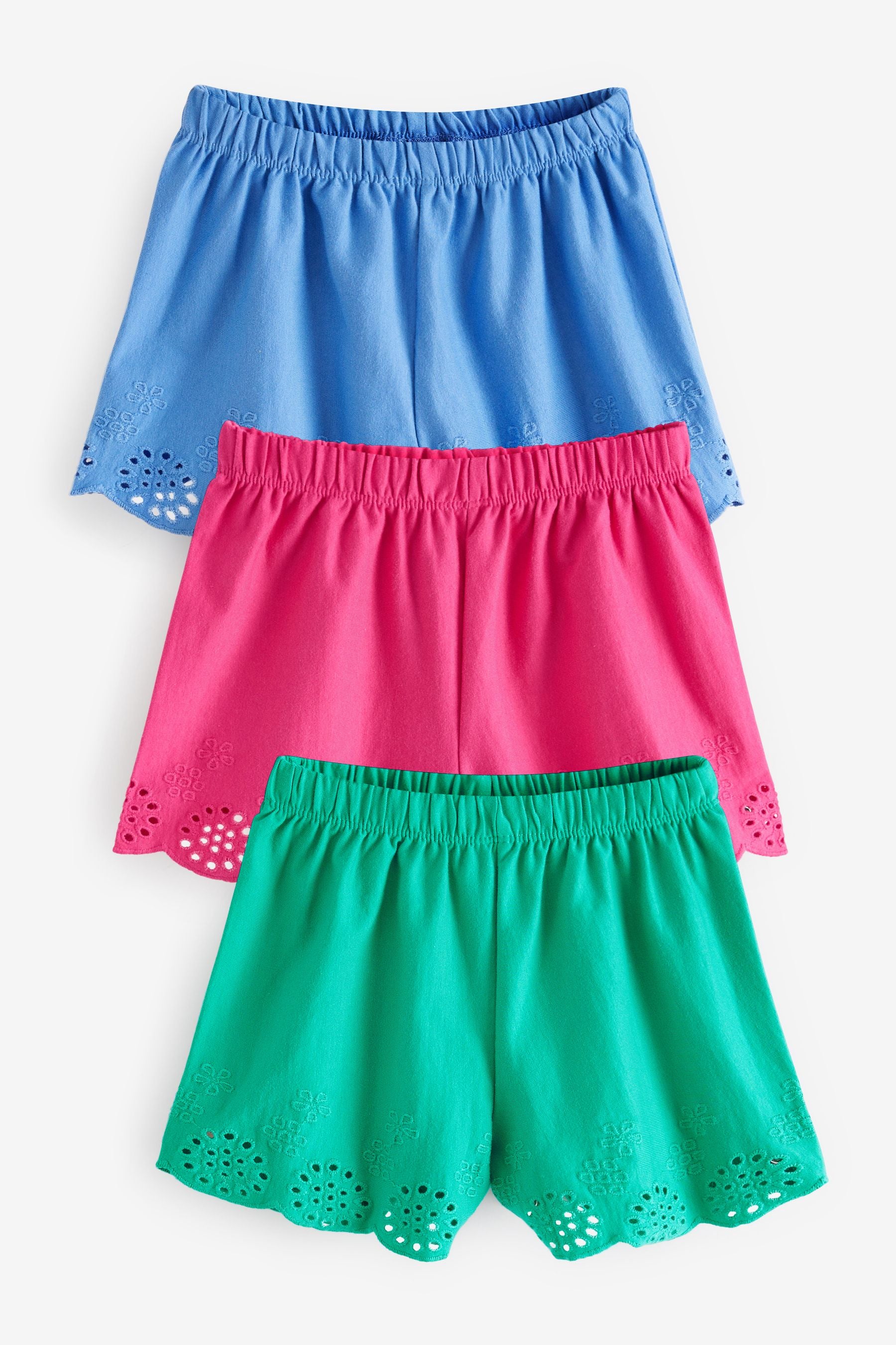 Pink/Blue/Green Jersey Broderie Shorts 3 Pack (3mths-8yrs)