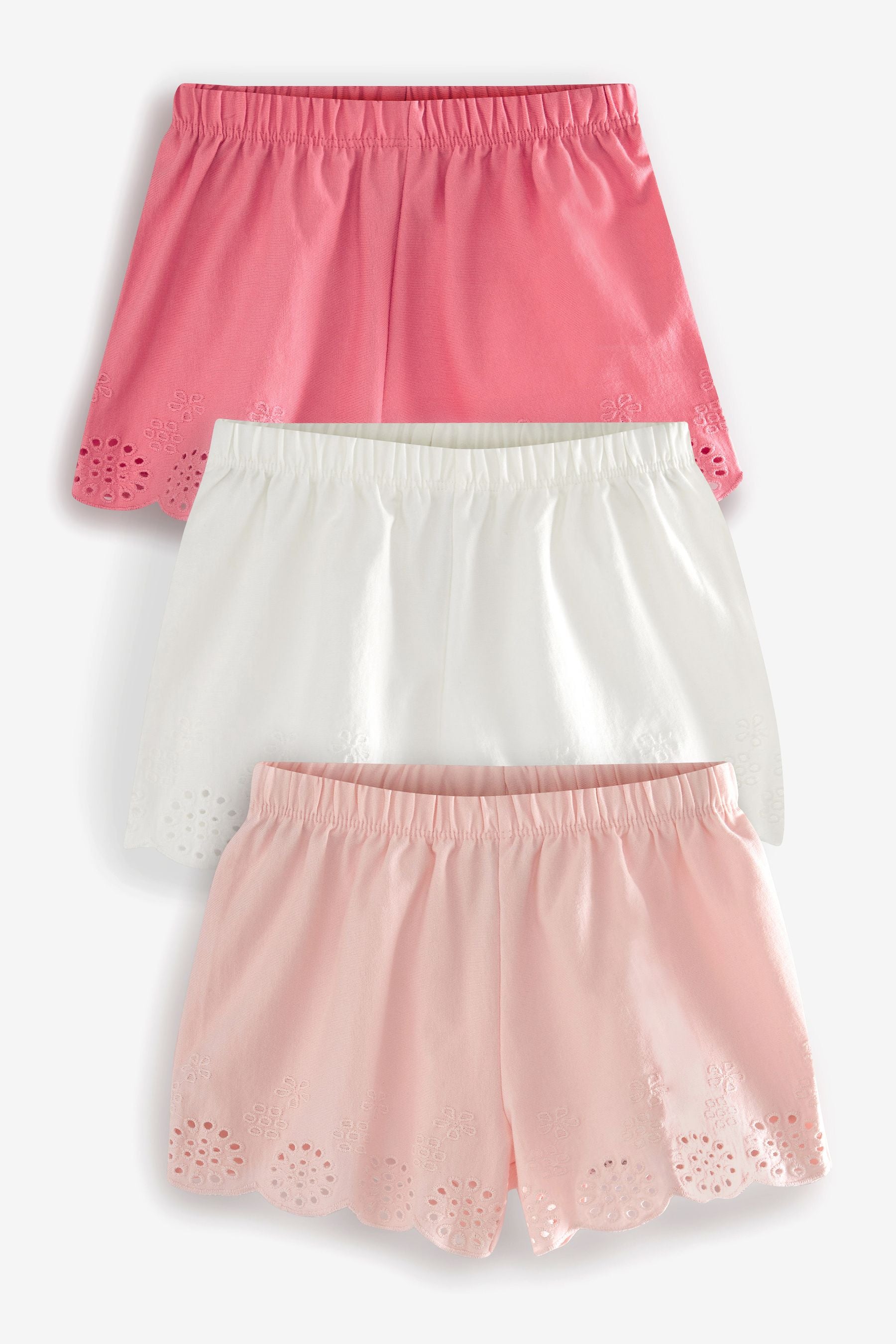 Pink/White 3 Pack Jersey Broderie Shorts (3mths-8yrs)