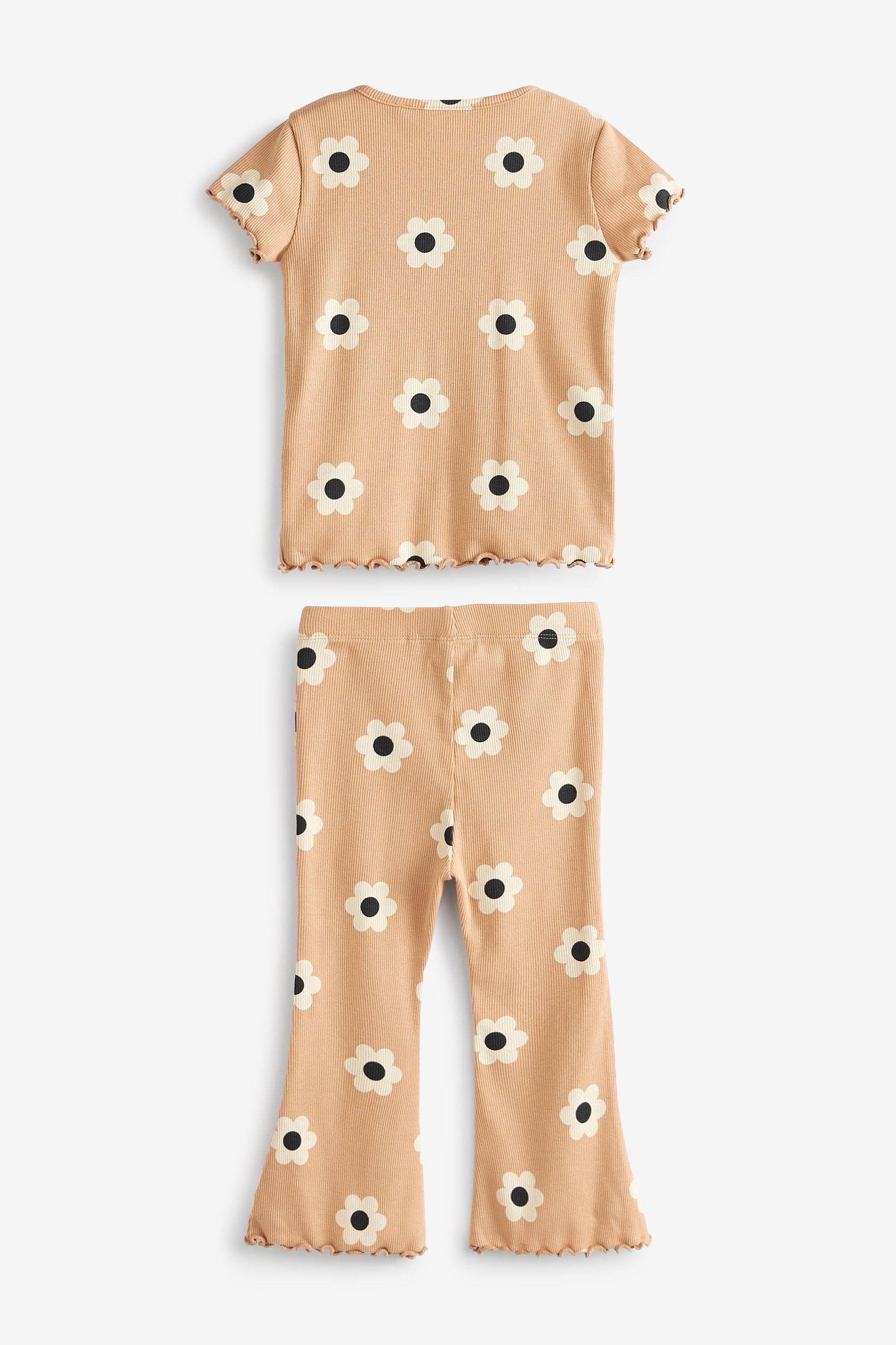 Neutral Flower Jersey Rib Top And Flare Trousers Set (3mths-7yrs)