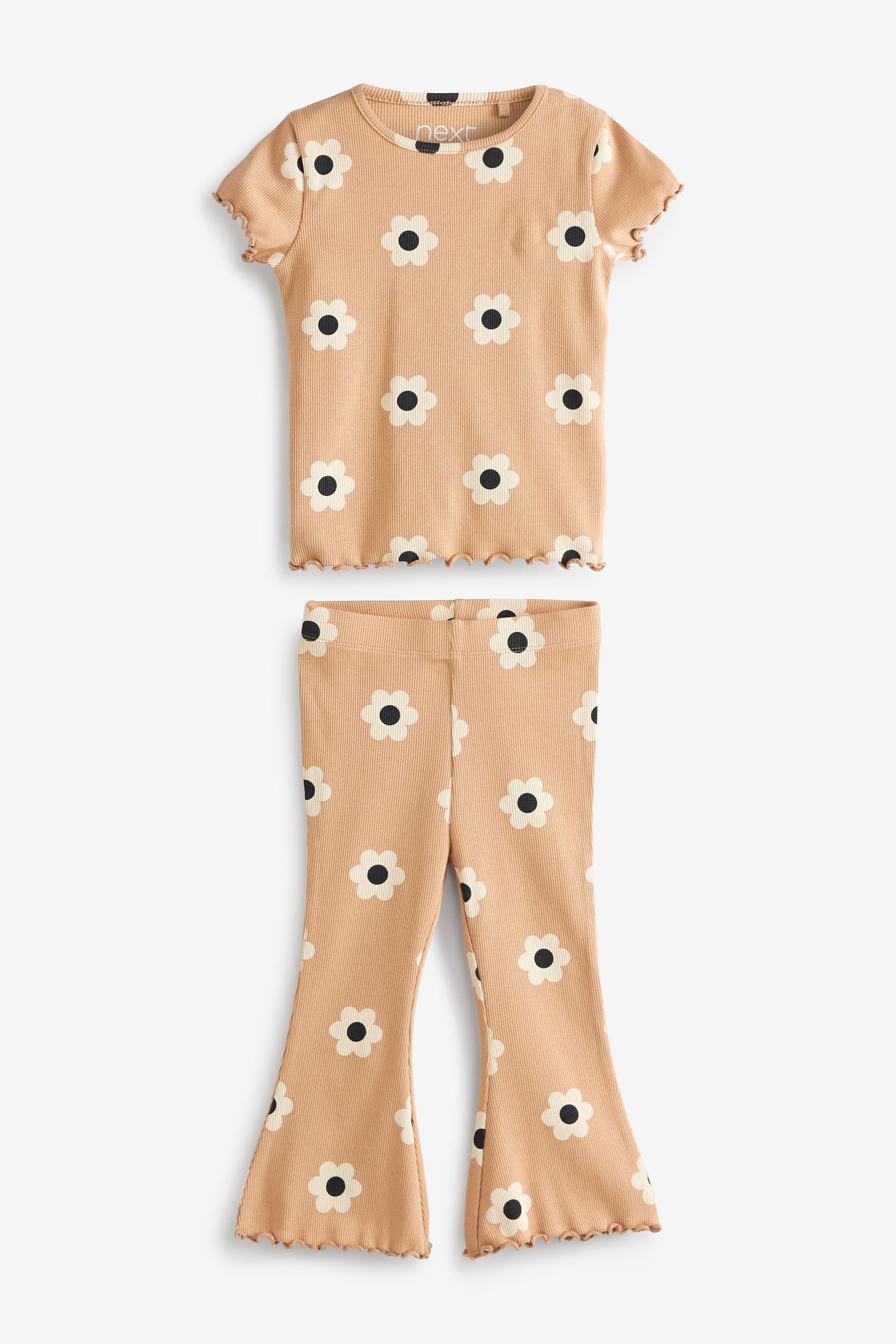 Neutral Flower Jersey Rib Top And Flare Trousers Set (3mths-7yrs)