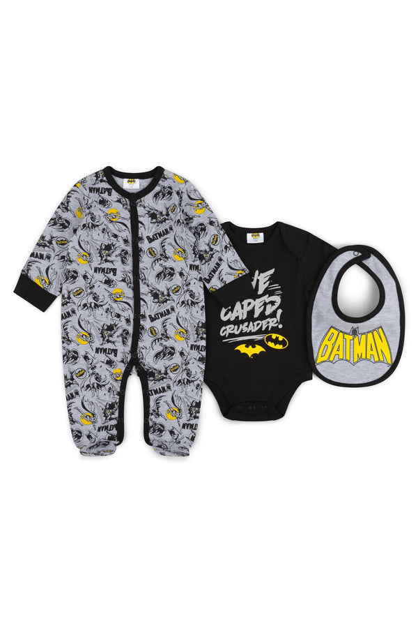 Batman Grey Sleepsuit, Bodysuit And Bib Set