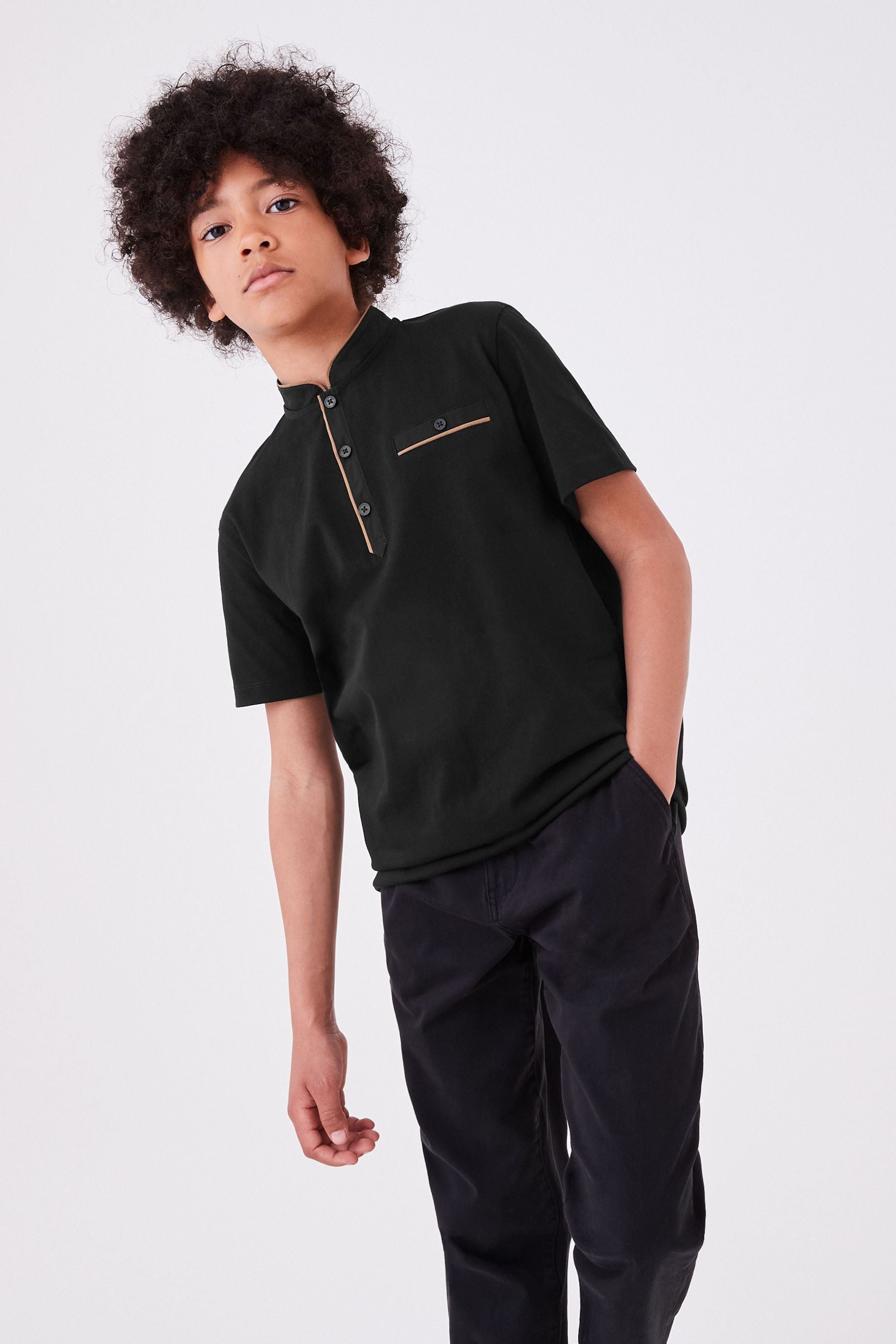 Black Gold Trim Button Neck Polo Shirt (3-16yrs)