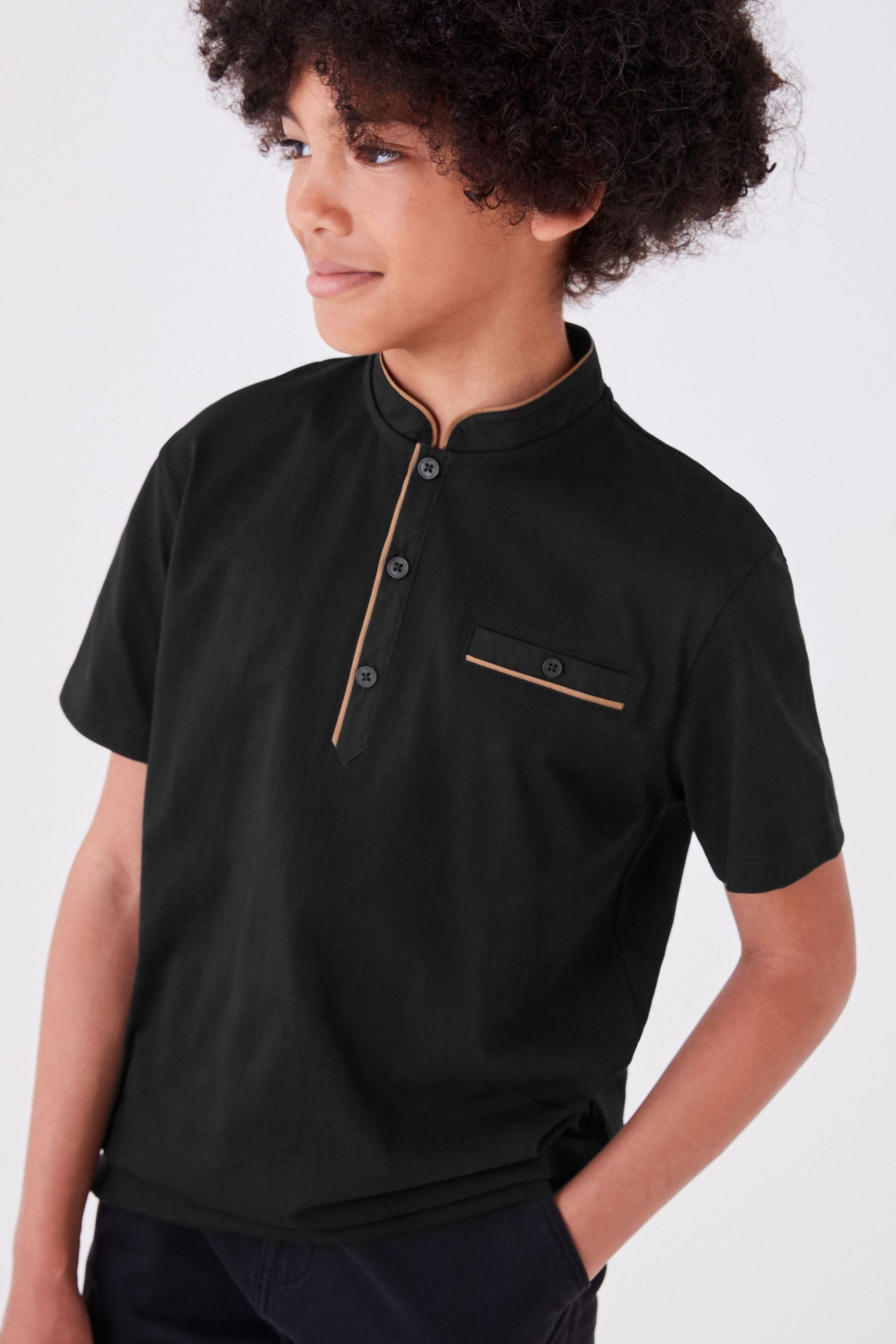 Black Gold Trim Button Neck Polo Shirt (3-16yrs)