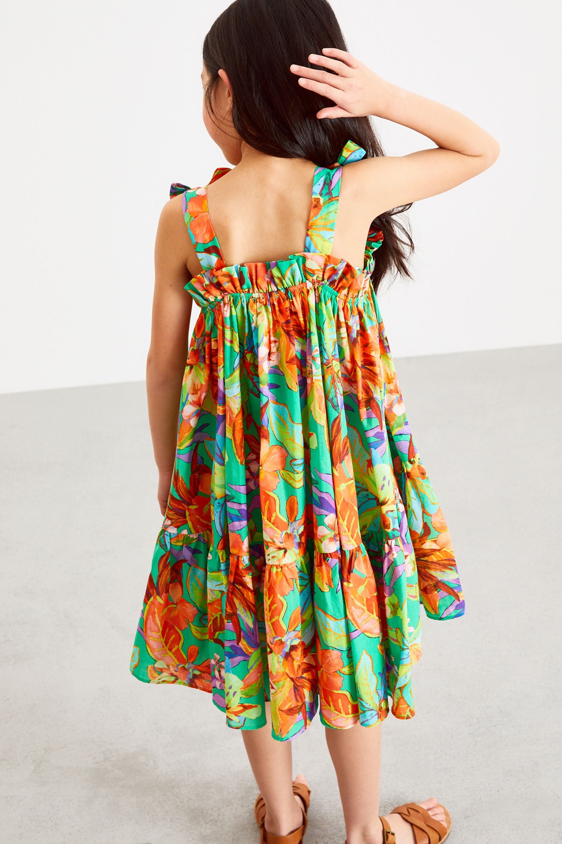 Green Tropical Tie Shoulder Dress (3-16yrs)