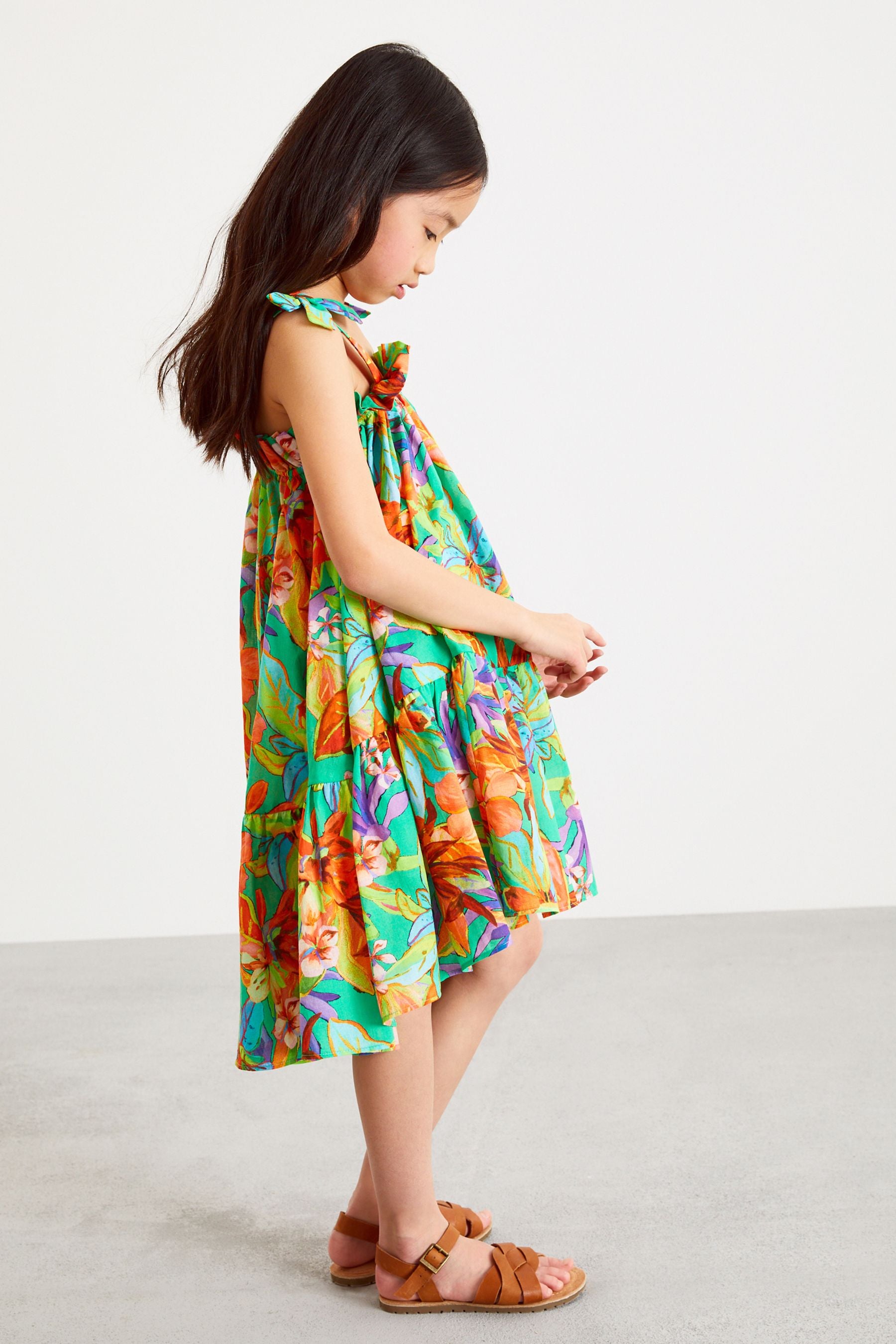 Green Tropical Tie Shoulder Dress (3-16yrs)