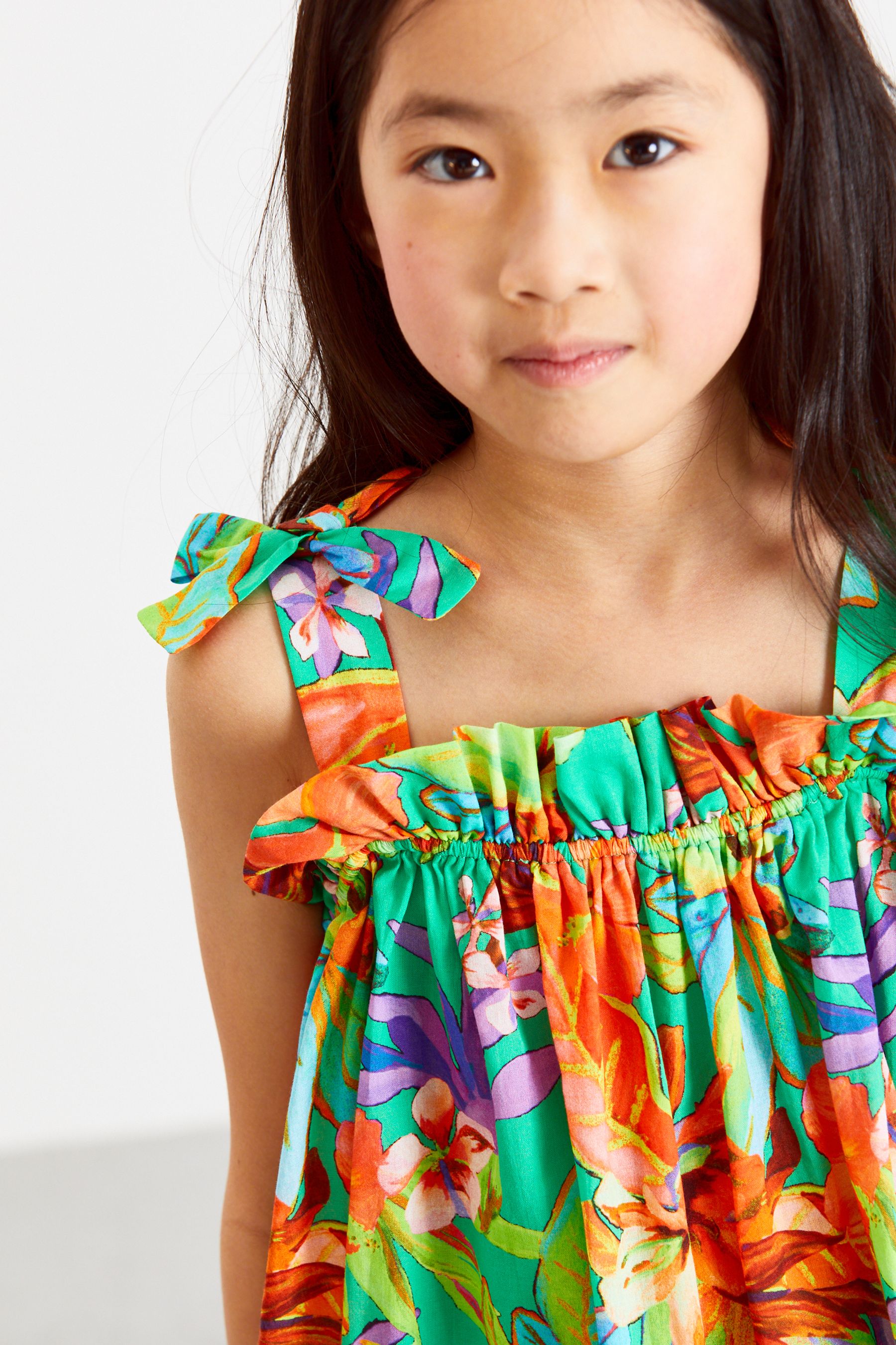 Green Tropical Tie Shoulder Dress (3-16yrs)