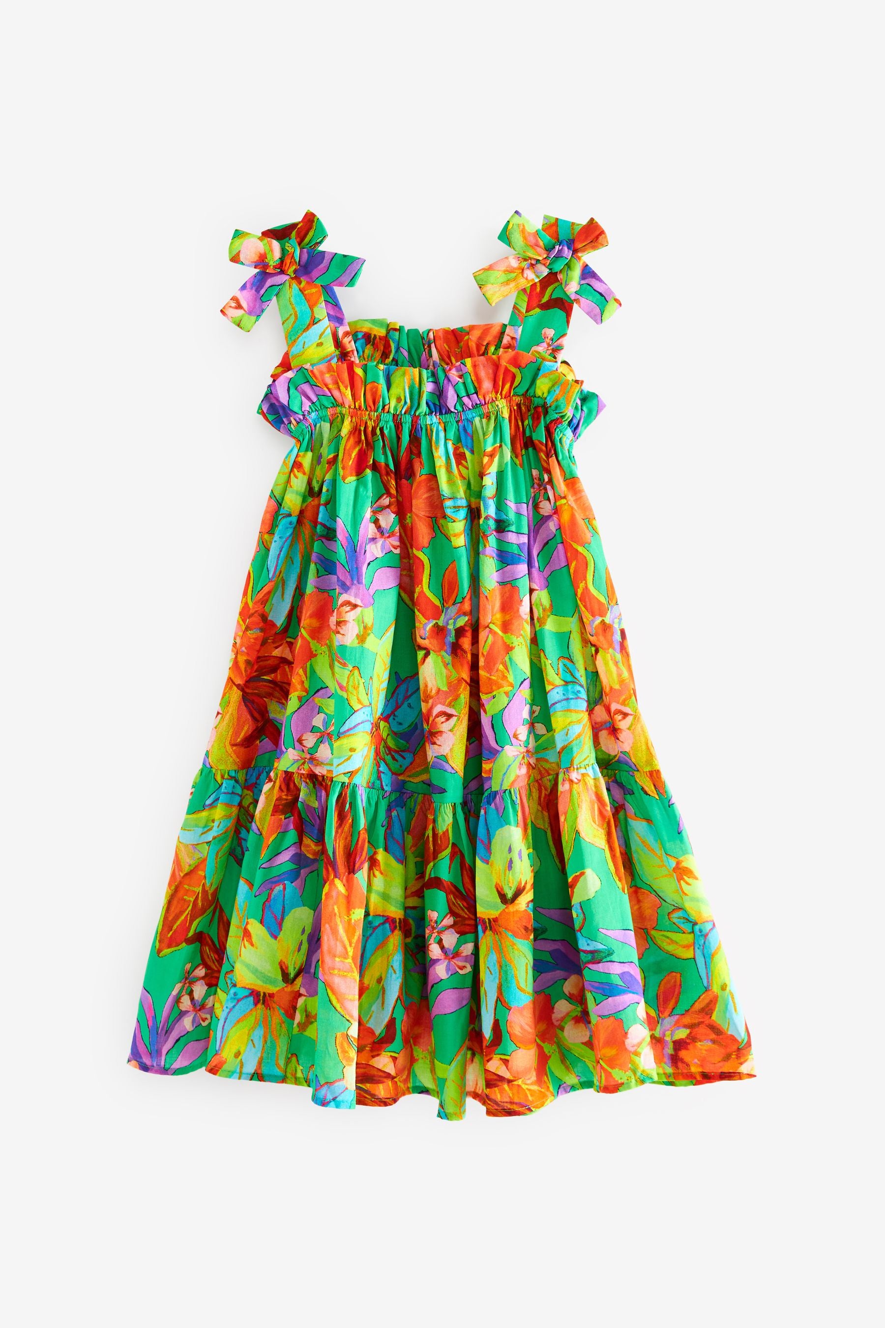 Green Tropical Tie Shoulder Dress (3-16yrs)