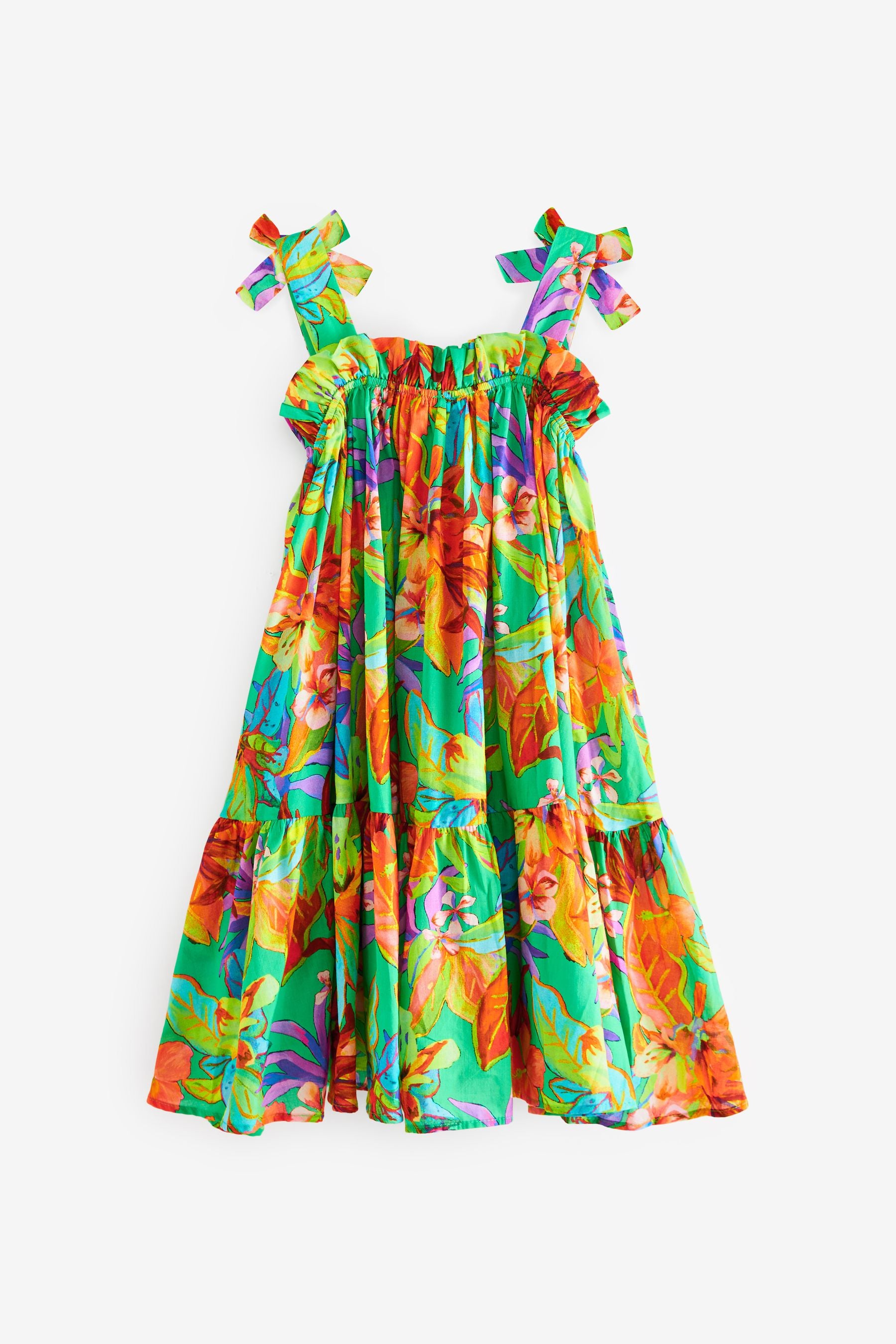 Green Tropical Tie Shoulder Dress (3-16yrs)